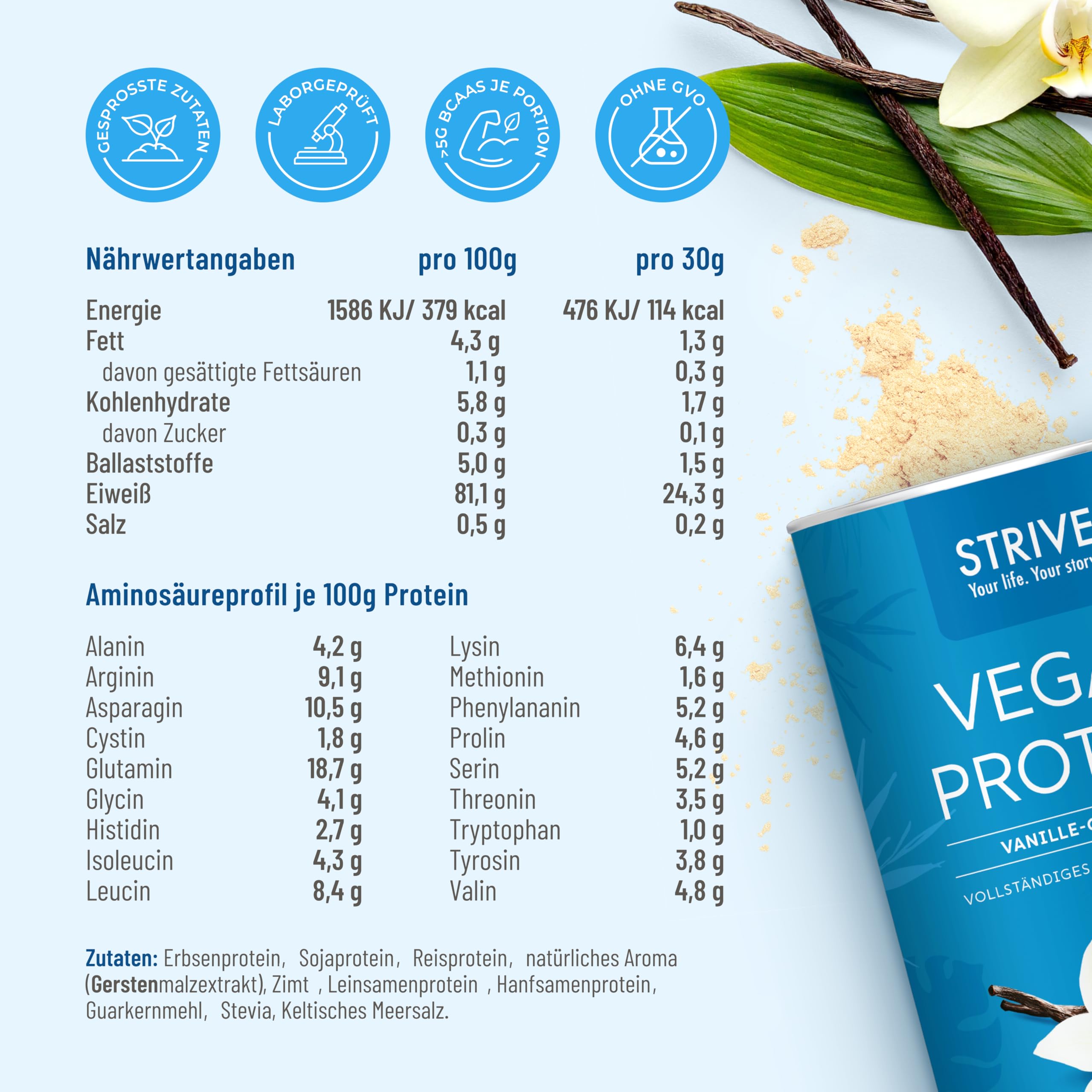 STRIVE Proteína vegana | Vainilla | 24 g de proteína por porción, calidad probada en laboratorio, perfil completo de aminoácidos de cinco fuentes de proteínas premium, 600 g de proteína en polvo
