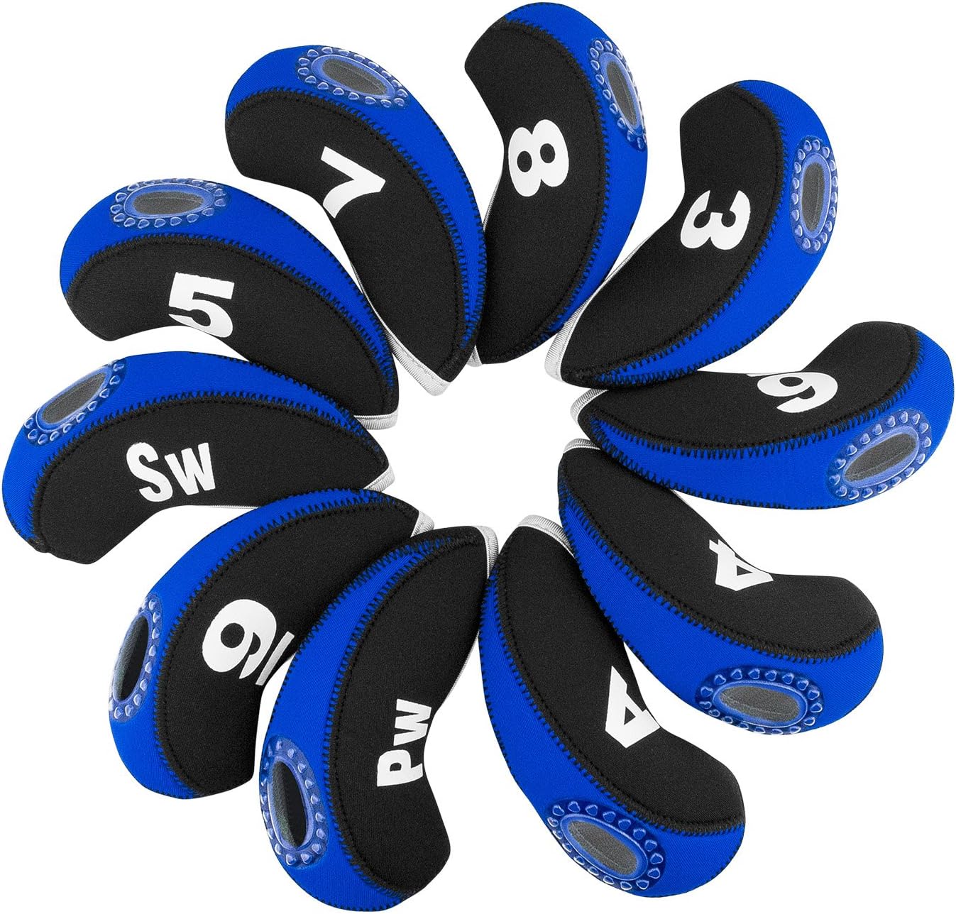 10pcs/set Golf Iron Head Covers 3-9 A/SW/PW Elastic Neoprene Material with Number Tag Protect Case for Irons (Blue)