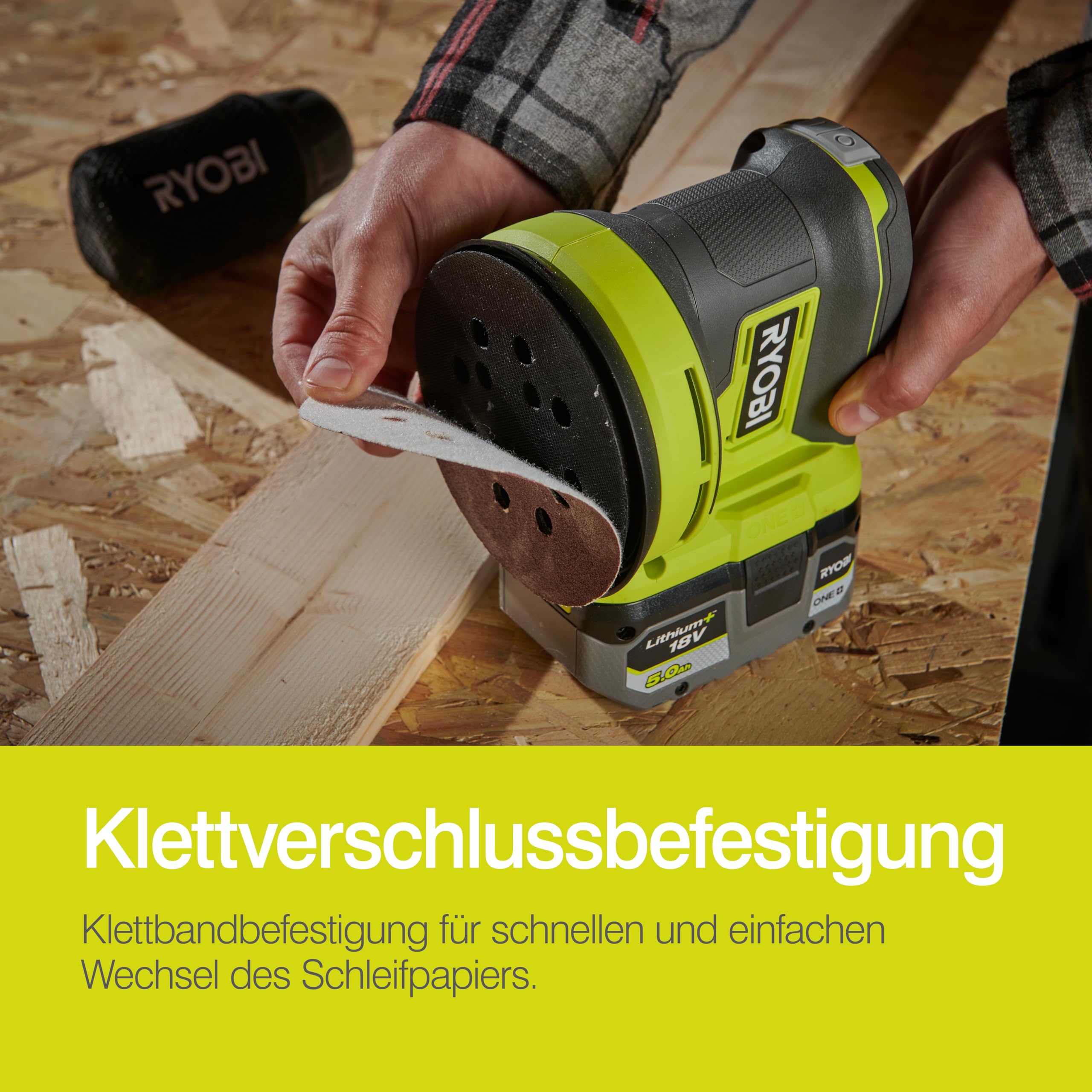 RYOBI 18 V ONE+ Akku-Exzenterschleifer RROS18-0, 125 mm Schleifteller, 2,5 mm Schwingkreis, Effiziente Farbentfernung, Kompatibel mit Werkzeugsystemen