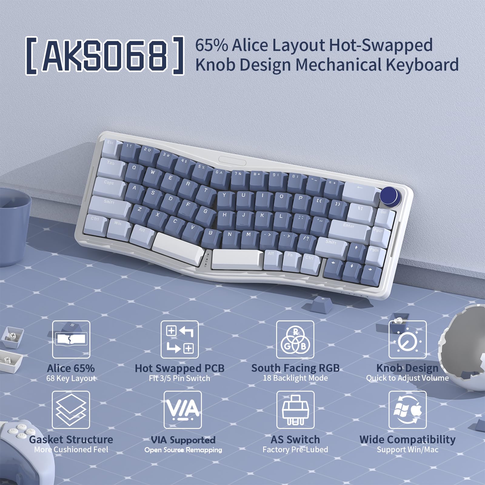 ATTACK SHARK AKS068 Alice Tastiera Meccanica Cablata, Apex Pro Mini Gasket 60% Tastiera Gaming RGB USB-C con Manopola, Supporta VIA, Copritasti PBT, Hot Swappable Interruttore Lineare, NKRO, PC/MAC