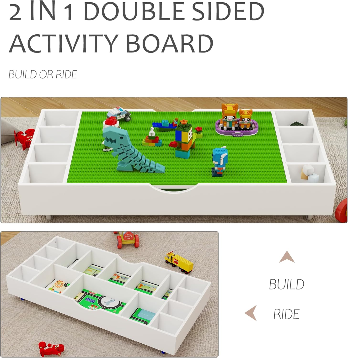 2 in 1 Construction Play Table Compatible with Lego, Kids Activity Table with Storage and Wheels Building Bricks Play Table for Toddlers & Adults, Suitable for Storing Under Bed Or Sofa