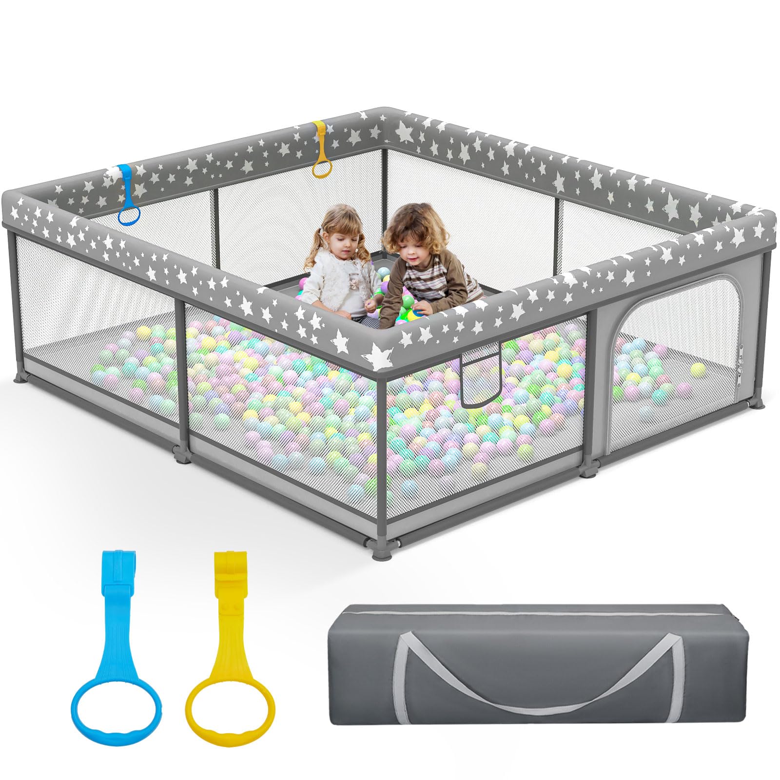 Palopalo Baby Playpen 71"x59", Extra Large Baby Play Pen with Gate & 8 Suction Cup Bases, Sturdy Baby Activity Center with All Wrapped Cushion, Soft Mesh Playard for Babies and Toddlers, Gray Star