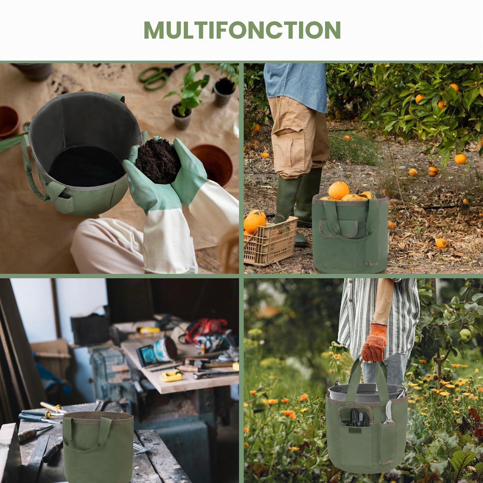 Sac seau à outils de jardin, sac fourre-tout de jardinage vert avec poches, sac fourre-tout pour outils de jardin en tissu Oxford imperméable pour femmes hommes jardiniers (sac uniquement)