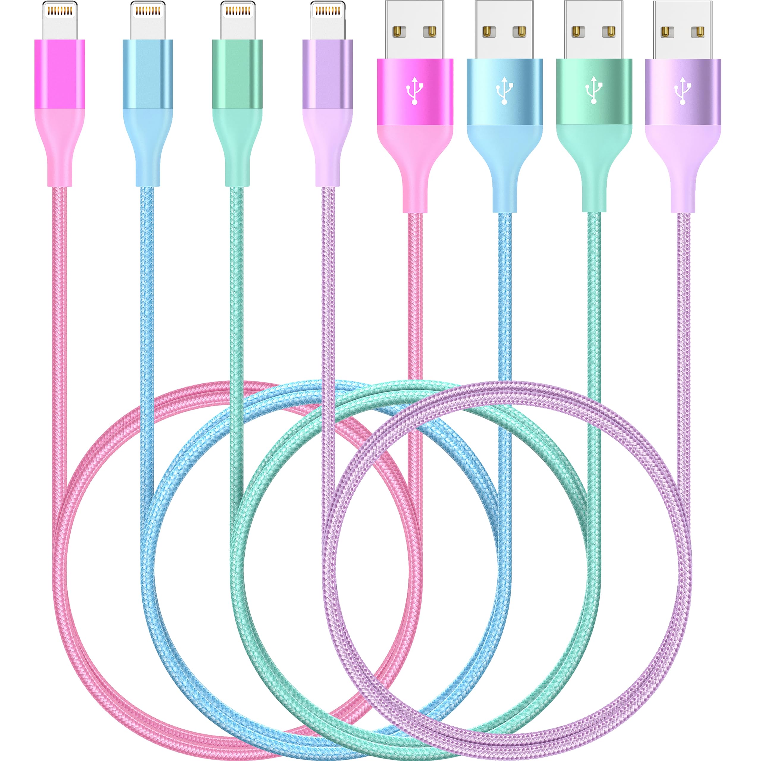 Paquete de 4 cables lightning de 6 pies en 4 colores para carga de iPhone, cable USB de nailon trenzado con certificación MFi para iPhone 13 12 11Pro MAX Xs XR X 8 7 6S 6 Plus SE 5S 5C, iPod y iPad