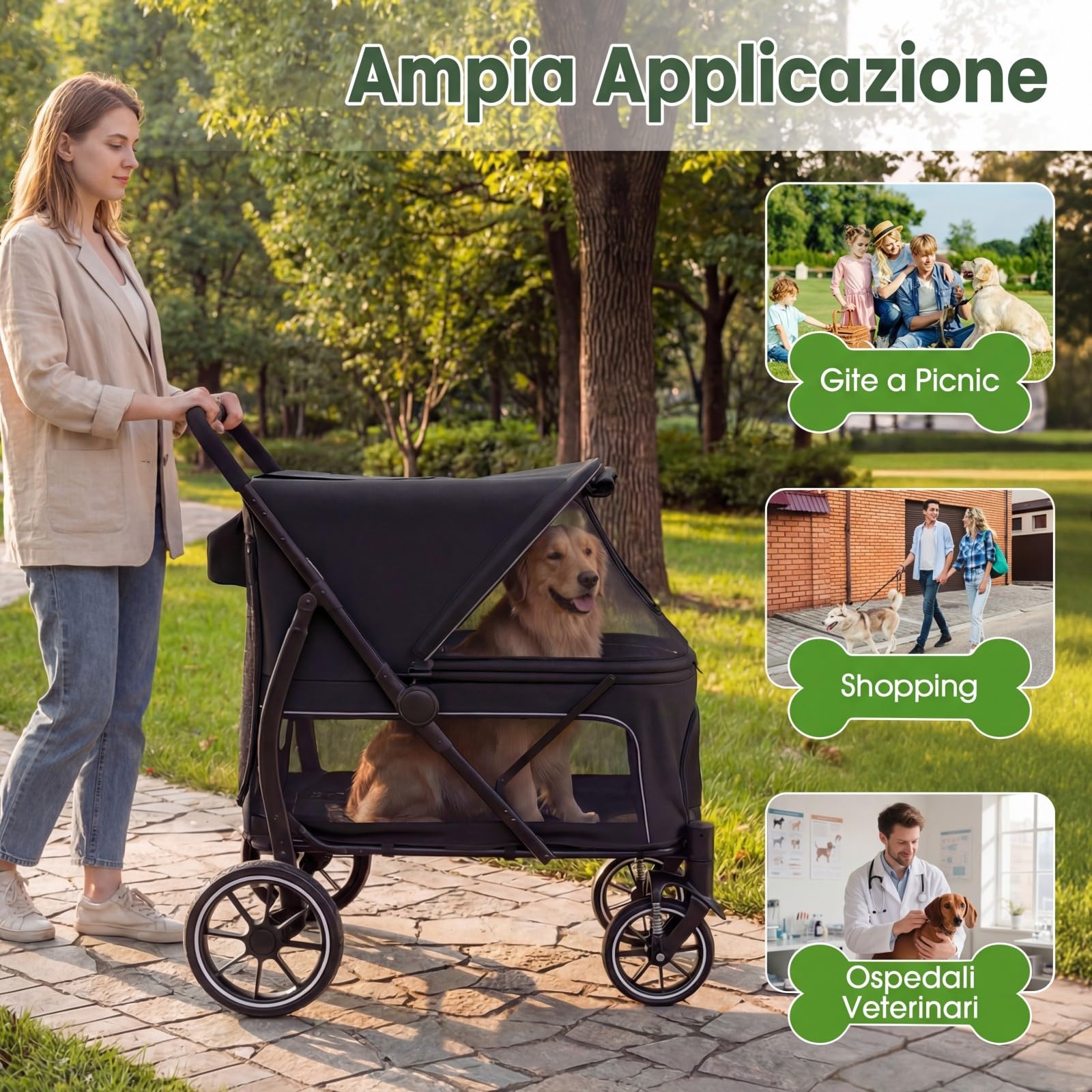 COSTWAY Passeggino Pieghevole per Cani, Carrozzina per Cani Fino a 40 kg con Entrata Bassa, Finestra Regolabile in Rete, Tasche Portaoggetti e Cintura di Sicurezza per Animali Tutte le Taglie (Nero)