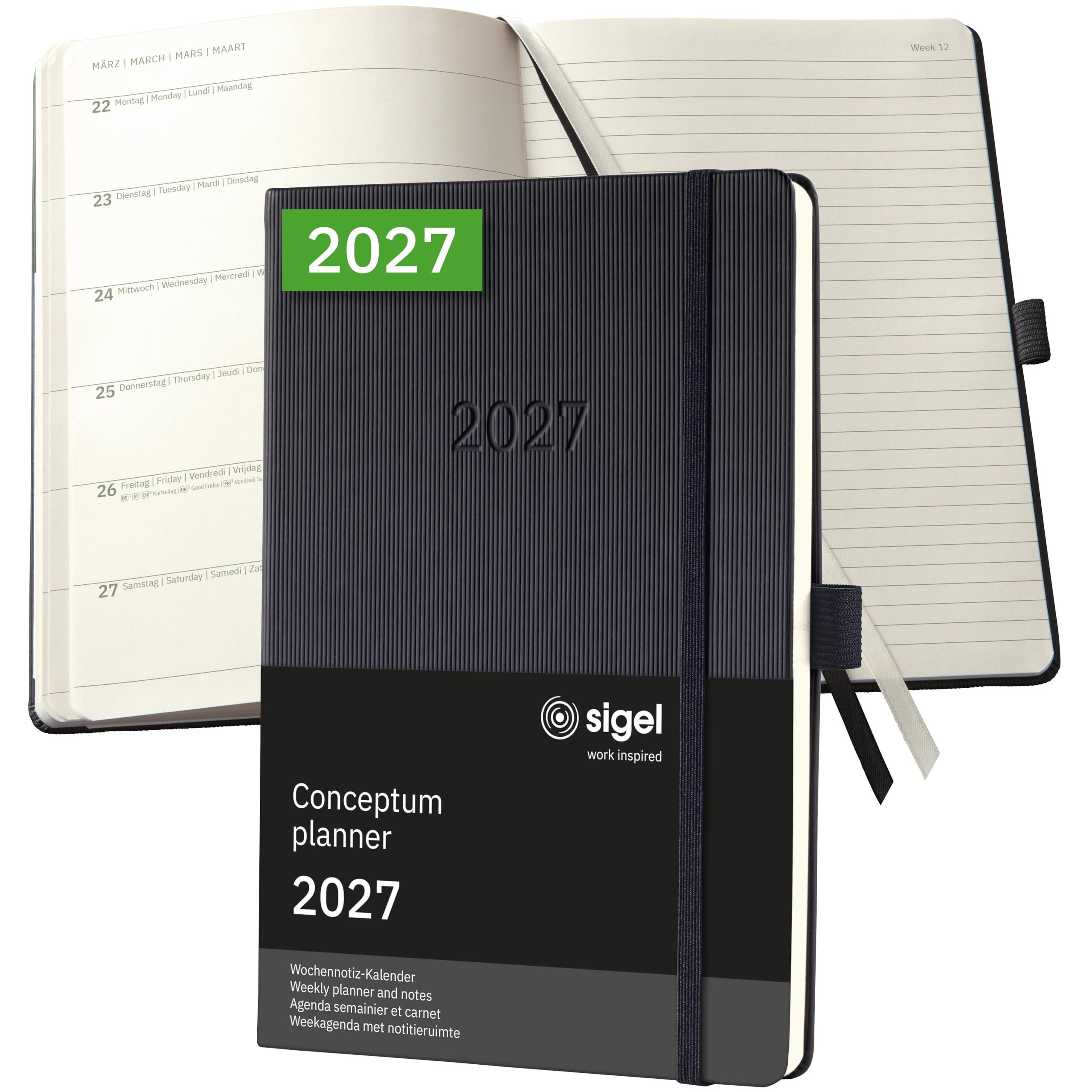 SIGEL C2714 Agenda-taccuino settimanale Conceptum 2027-1 anno - circa A5 - nero - 2 pagine = a manca settimana/a dritta appunti - copertina rigida - 80 g/m² - 192 p. - certificazione FSC