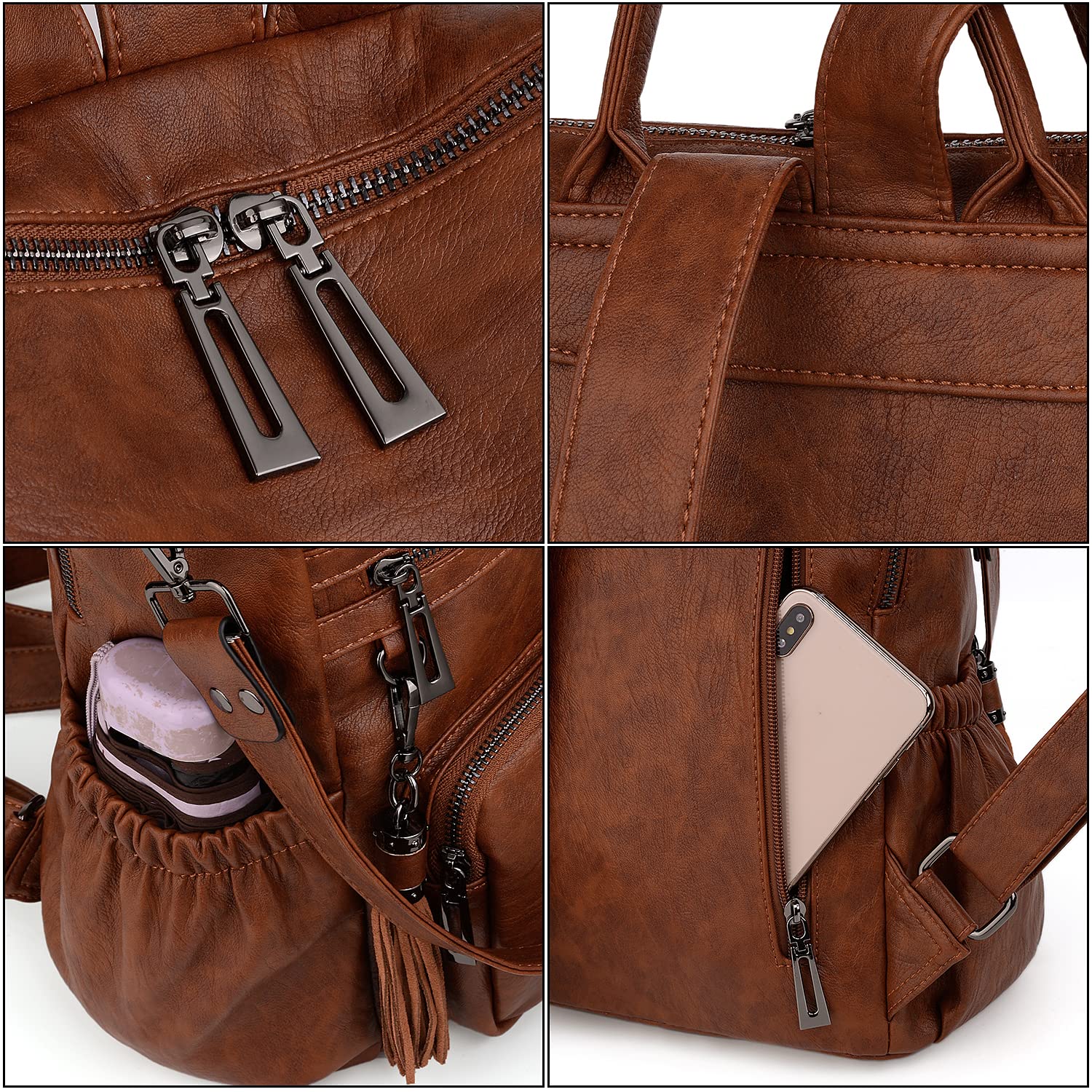 UTO Femme Sac porté Dos Anti-Vol Sac à Main porté épaule Glands Multi Compartiment PU Cuir lavé - 3