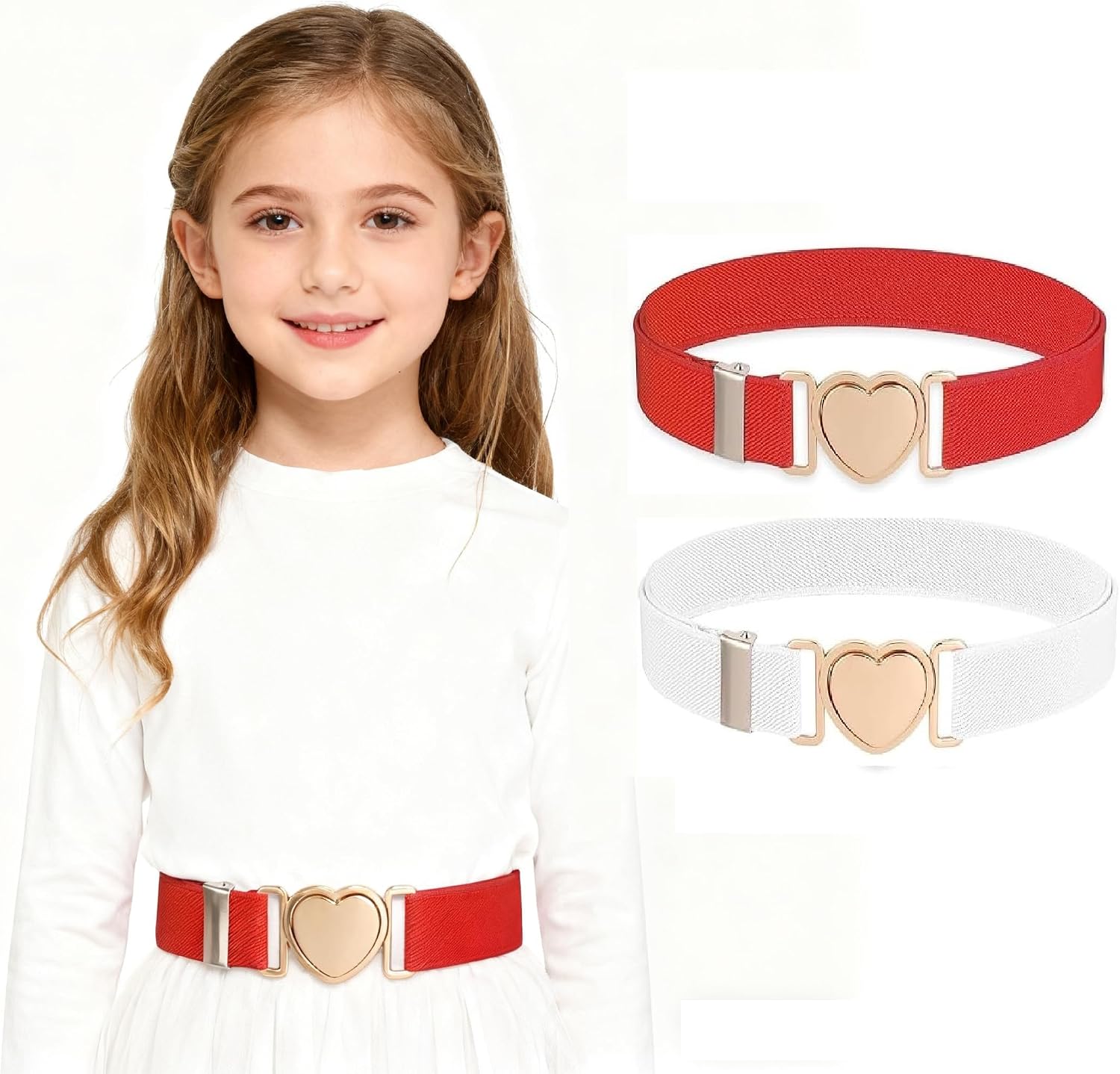 2 Pcs Girls Elastic Waist Belts for Girls Adjustable Heart Buckle Stretch Belts for Pants Jeans Dress