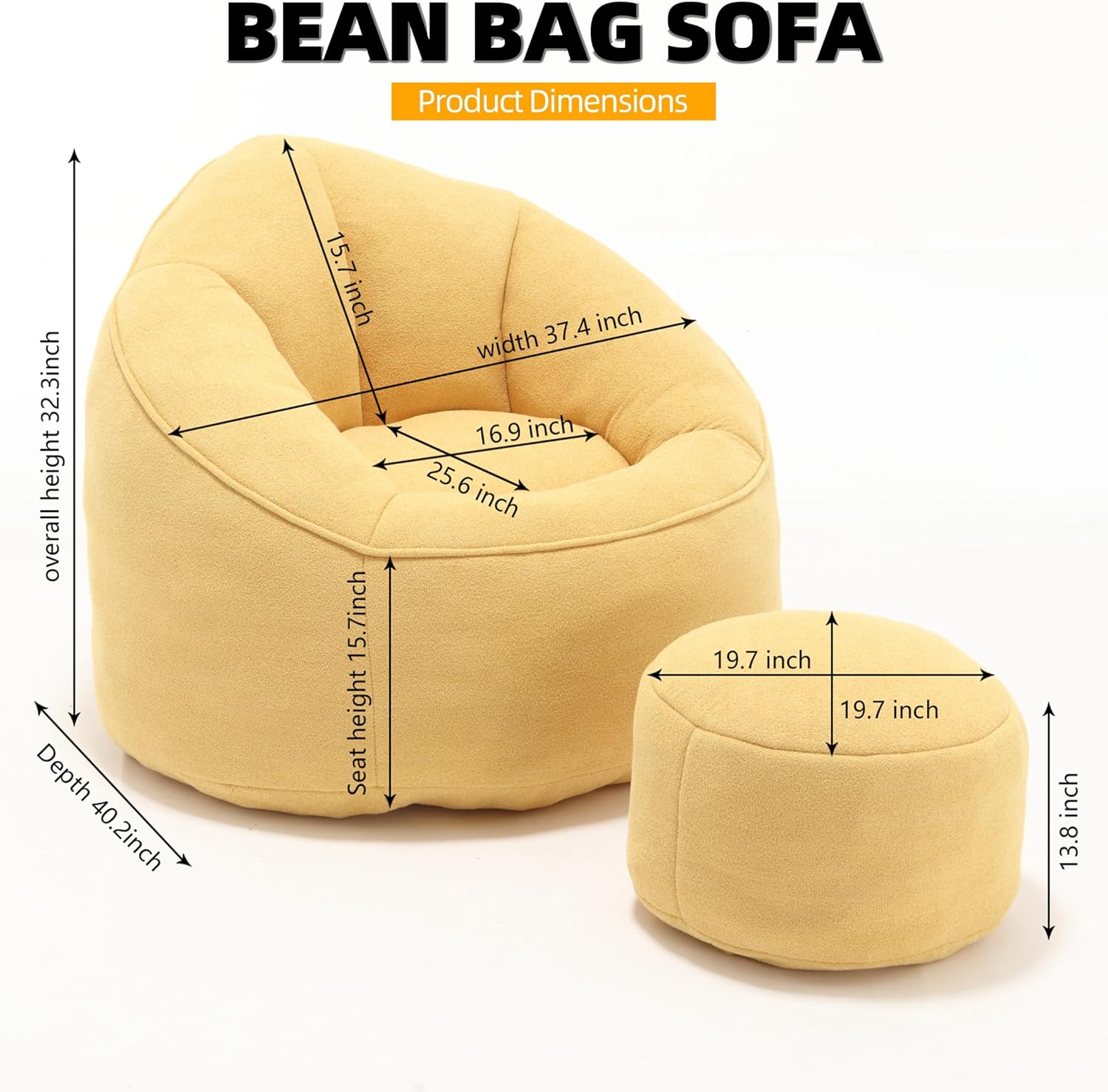 Bean Bag Chairs for Adults, Bean Bag Chair for Kids, 3.4 FT Comfy Beanbag Chair with Ottoman, Bubble Chair Corner Chair, Modern Giant Bean Bag Sofa for Living Room, Yellow