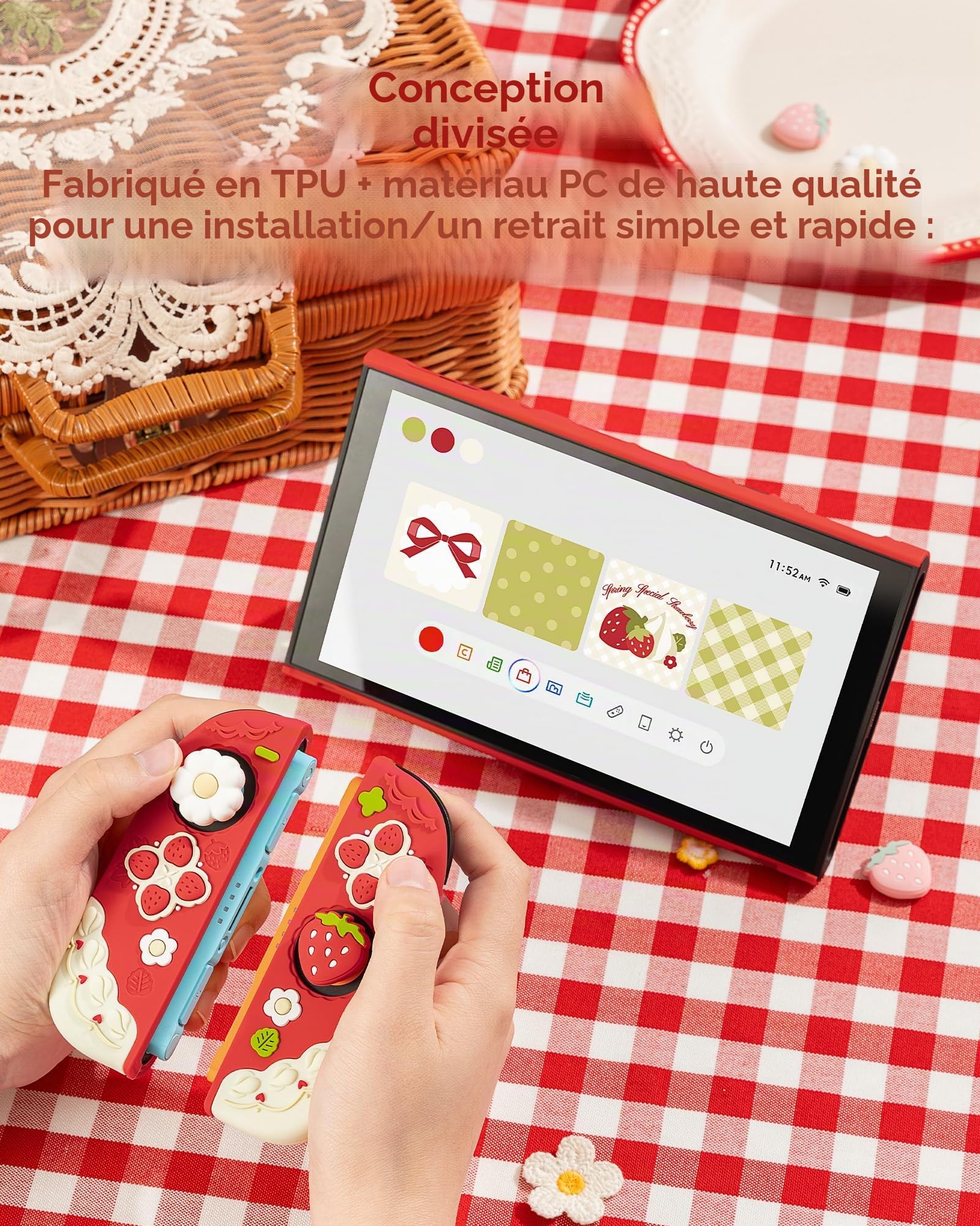 GeekShare Coque de Protection en Silicone Souple Compatible avec Switch 2 Coque Anti-Rayures Compatible avec Switch 2 Coque Amovible avec 2 Capuchons Poignée de Pouce - Fraises avec Crème (Rouge)