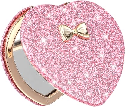 Ouligay Pink Heart Compact Mirror for Women and Girls Double Sided Pocket Mirror for Purses Portable Travel Mini Makeup Mirrors Small Folding Mirrors Valentines Day Gift