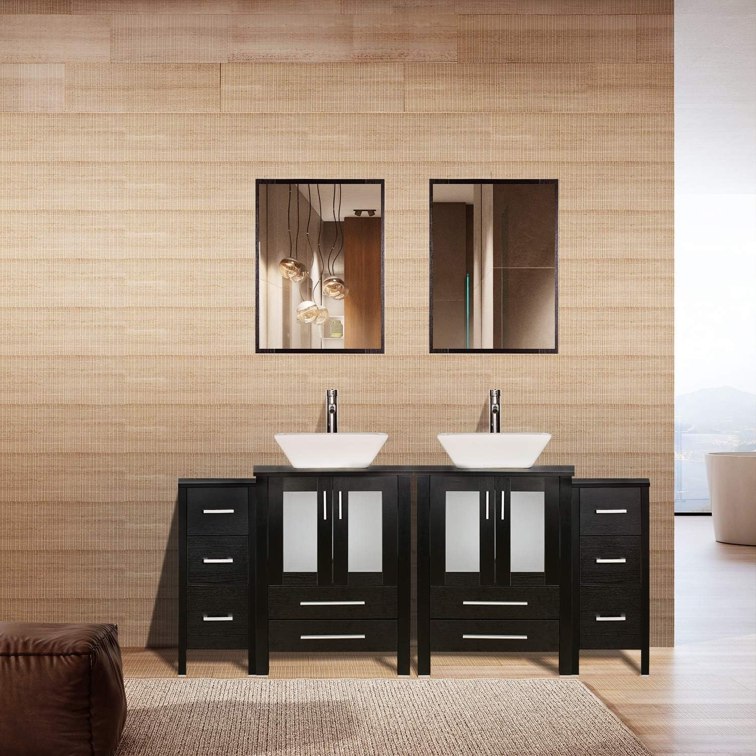 UEV 72" Bathroom Vanities and Sink Combo,Square Ceramic Vessel Sink,Chrome Faucet,Pop Up Drain,Removable Vanity,MDF Cabinet,(2X Main Cabinet;2X Side Cabinet),Mirror Not Included