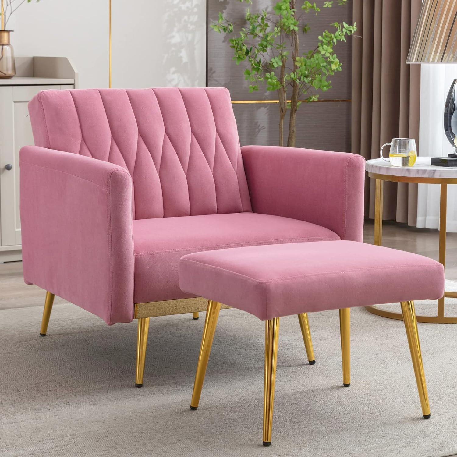 Modern Velvet Single Sofa Chair with Ottoman, Accent Living