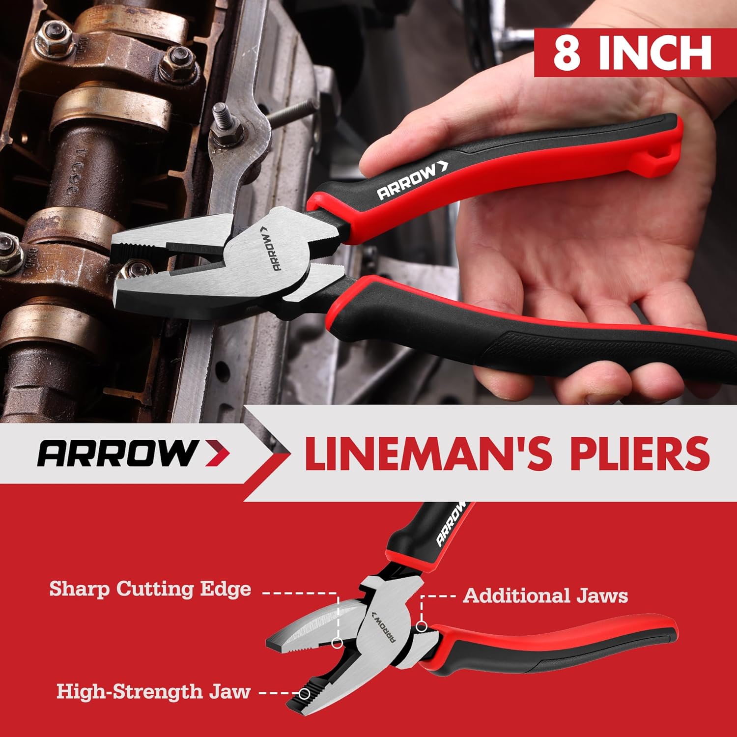 ARROW 8-Piece Pliers and Wrench Set, 12"/10"/8" Groove Joint Pliers, 8" & 6" Long Needle Nose, 8" Linesman, 6" Slip Joint, 8" Adjustable Wrench, Dual-Color TPR Handles, Roll-Up Pouch Included