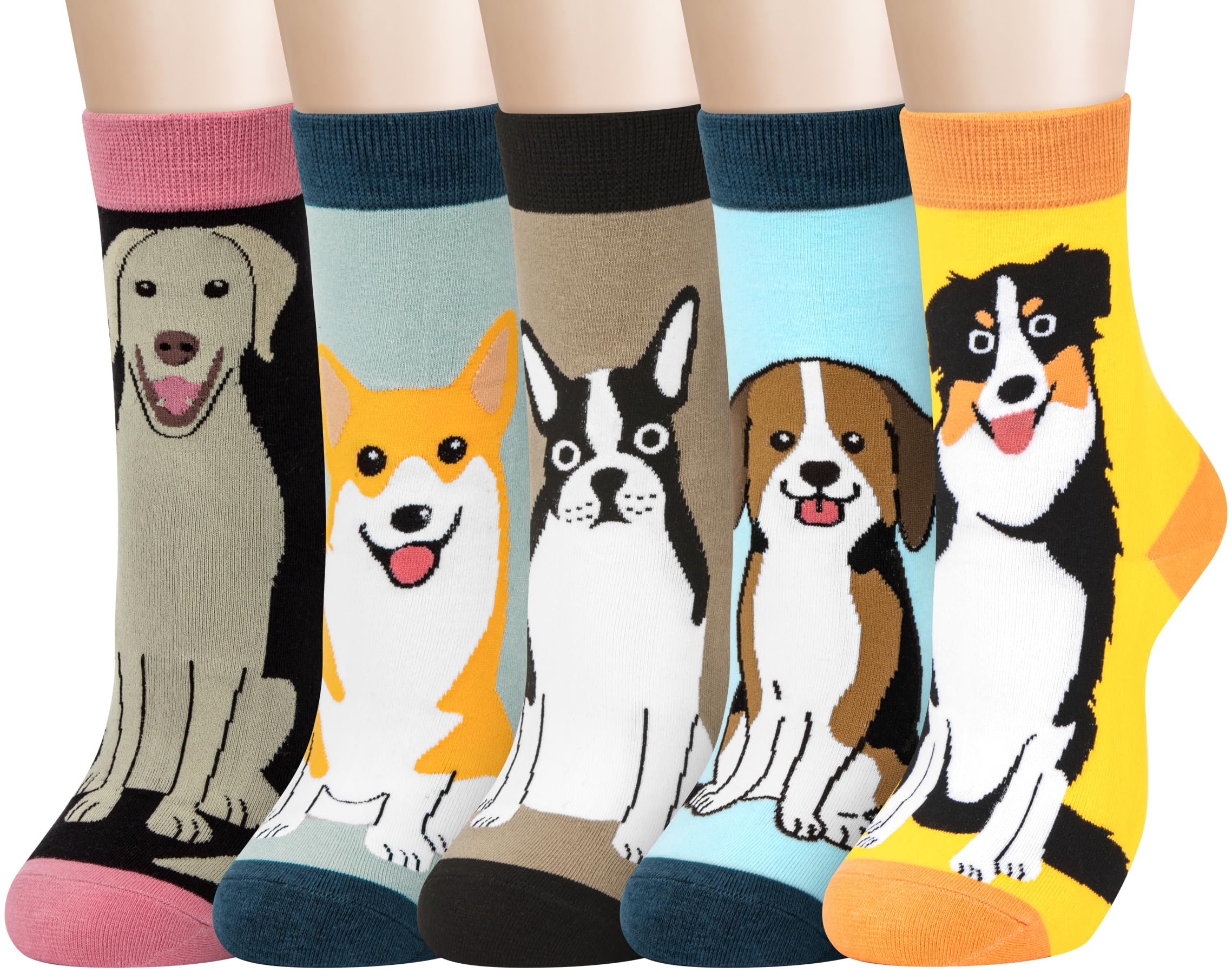 Chalier Cozy 5 Paar Damen Socken Hunde Katzen Motiven Tiere Socken Lustige Baumwolle Crew Socken Geschenk Einheitsgröße