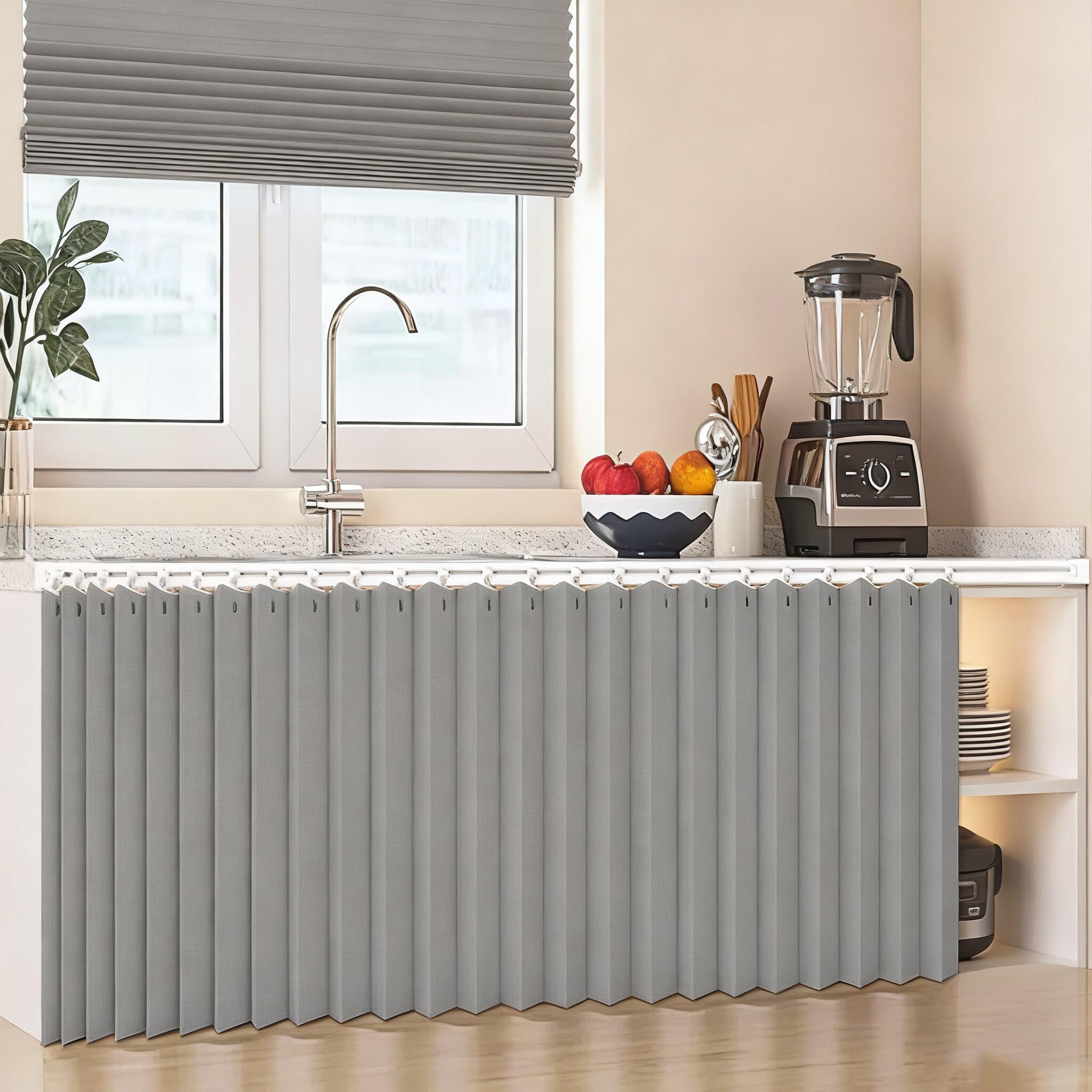 Przesuwane zasłony do szafy - wodoodporna ścianka działowa z pyłoszczelną konstrukcją samoprzylepne kuchenne zasłony zaciemniające szare szer. 150 cm / wys. 200 cm idealne na otwarte półki i