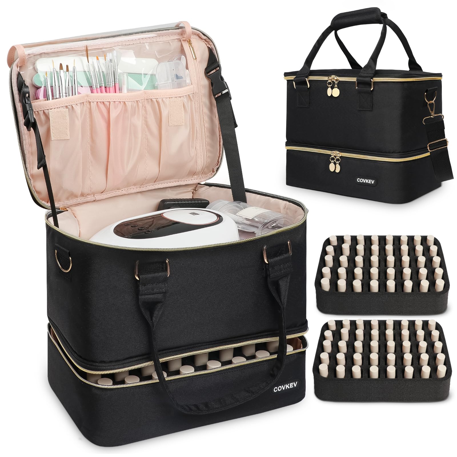 Covkev Nail Polish Organizer Hold 80 Bottles (15ml/0.5 fl.oz)& Nail Lamp, Double Layer Nail Bag Organizer Case with Handle, Large Nail Supplies& Kit