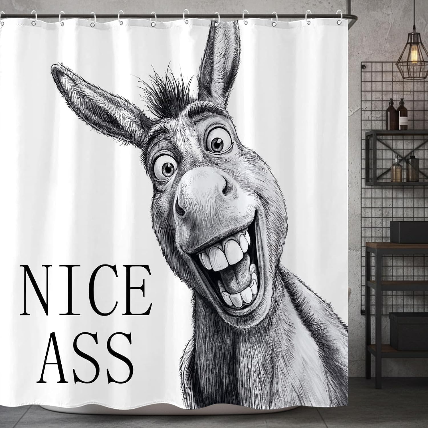 Funny Donkey Shower Curtain, Nice Ass Hilarious Farmhouse Animal Bathroom Decor, Rustic Black and White Sketch Style, Waterproof Fabric, 72x72 Inch.