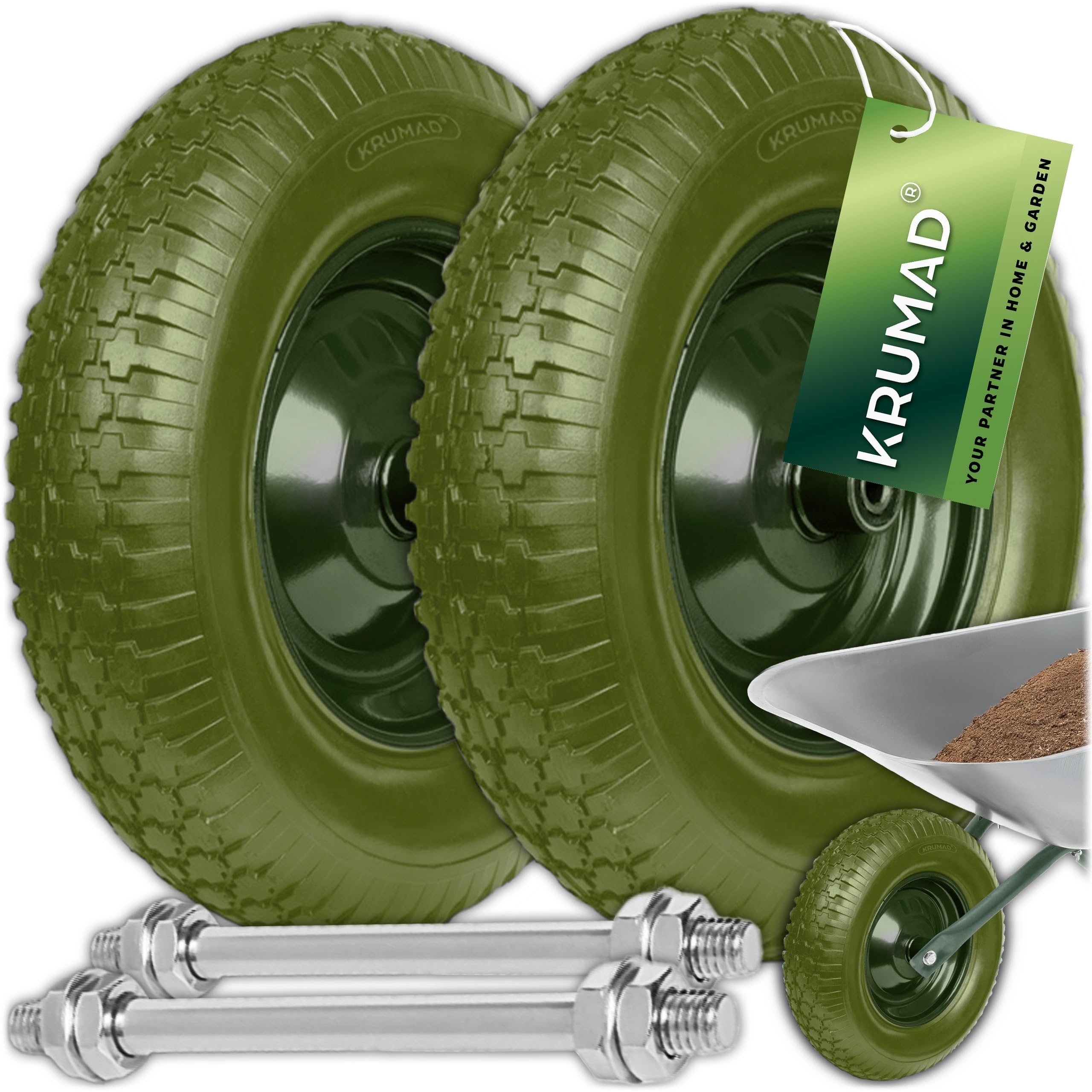 KRUMAD Lot de 2 roues de brouette en mousse PU 4,80/4,00-8 jusqu'à 180 kg avec essieu - Anti-crevaison - Sans entretien - Jante en acier - Double roulement à billes - Roue de rechange pour brouette et