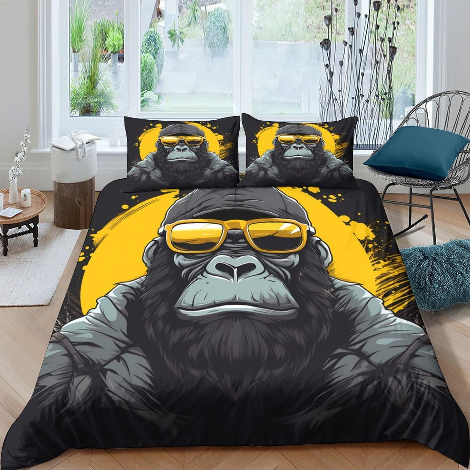 GPLZQXKJNH 3D Printed Gorilla Sunglasses Duvet Cover Microfiber Soft Breathable Yellow Animal Bedding Set with 2 Pillowcases for Bedroom Decor Single（135x200cm）