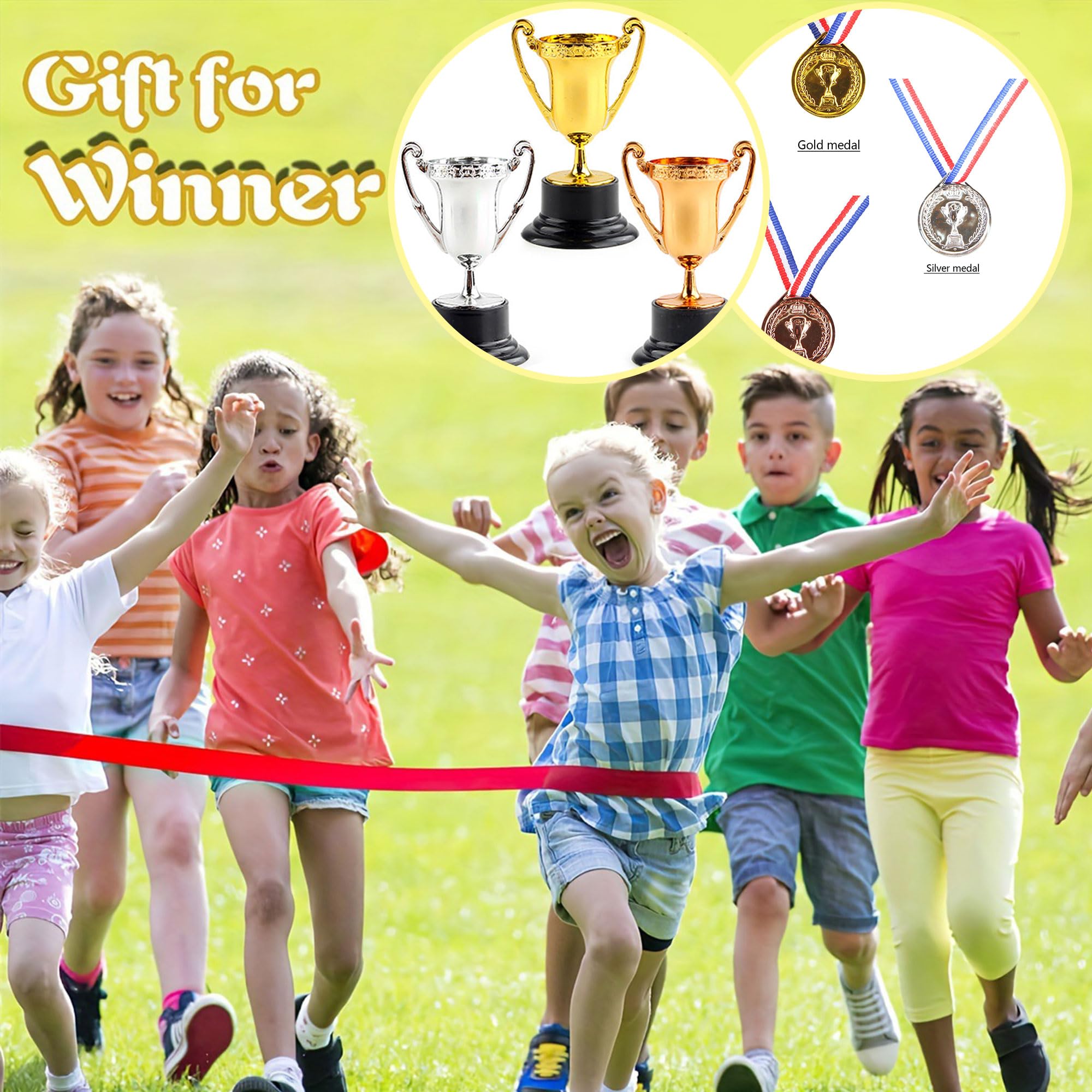 6-częściowy zestaw medali trofea złote mini trofea zwycięzca medale plastikowe trofeum mini złote trofea odpowiednie na przyjęcia urodzinowe, imprezy sportowe do szkoły