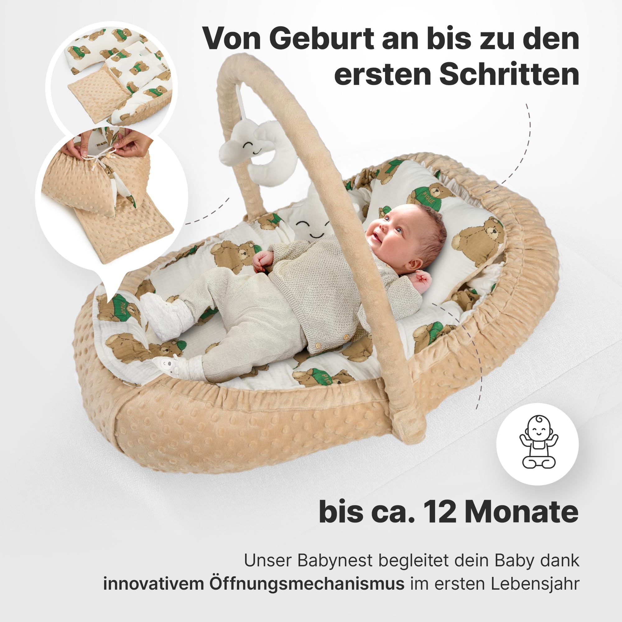 Babynest [inkl. Spielbogen] Baby Nestchen aus OEKOTEX Stoffen, Babynestchen für Neugeborene, Kuschelnest für Mädchen und Jungen | Beige & Bären (Beige mit Bären)
