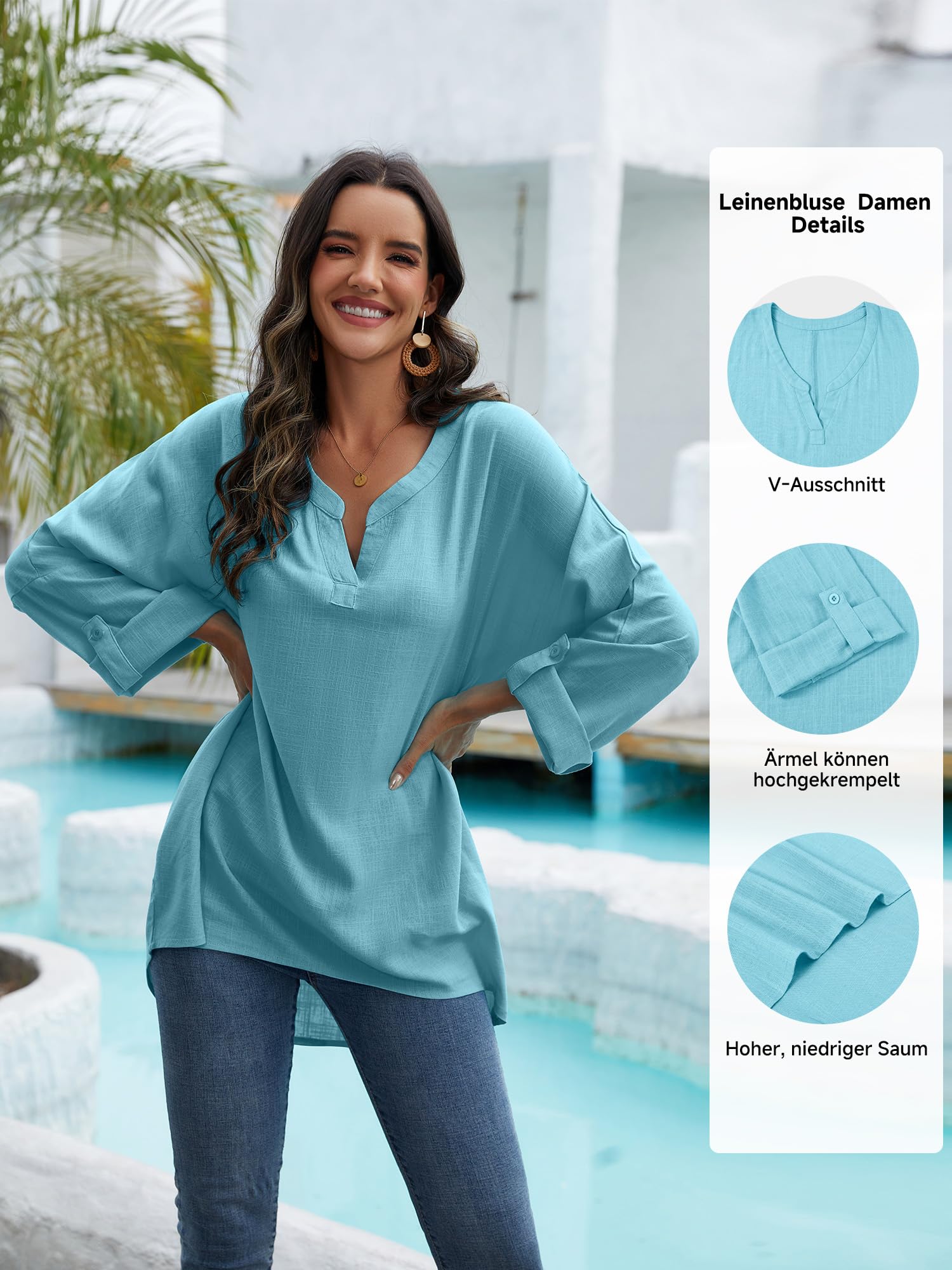 Blusa de lino para mujer, blusa de verano, túnica con cuello en V, tallas grandes, camiseta de blusa, camiseta de manga larga, lino, algodón, camisa de impresión