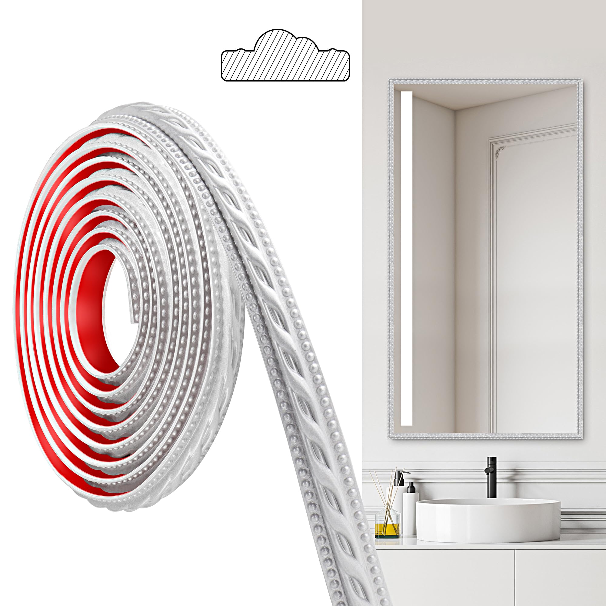 Junart Silver(300Cm×2Cm) Pvc Moldings Trim, 300Cm×2Cm, Peel And Stick Self-Adhesive, Coving For Ceilings, Wall Moldings For Wall Edge, Mirror Frames, Ceiling, Skirting Boards, Cabinet(Silver)