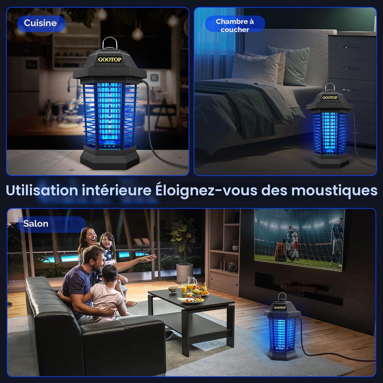 GOOTOP Zapper anti-insectes pour extérieur, 4200 V, 3 broches, piège à mouches électrique, piège à mouches, piège à insectes volants, intérieur et extérieur, extérieur en plastique ABS (noir)