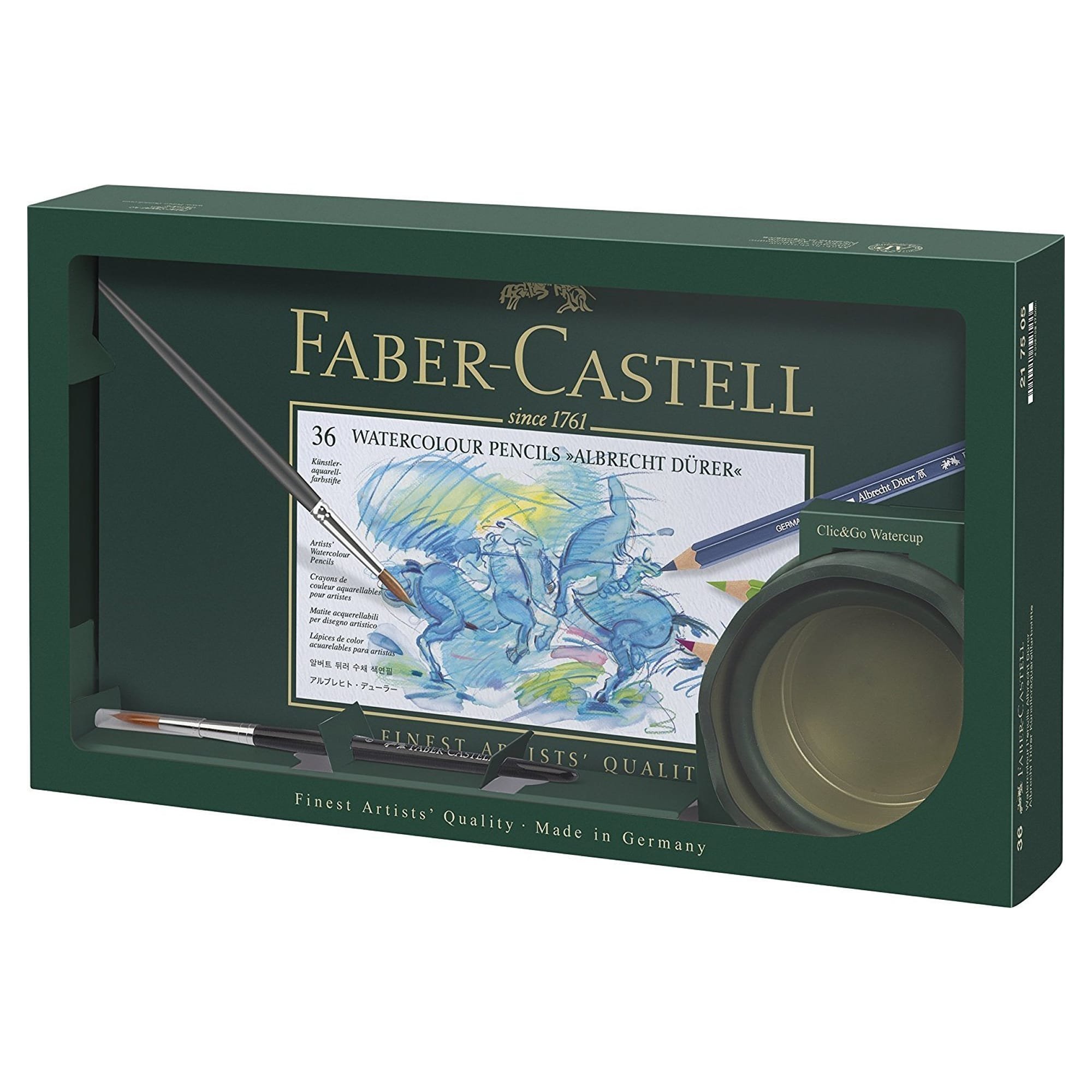 Faber-Castell 217505 Set Albrecht Dürer, 36er Aquarellstifte, 1 Clic und Go Wasserbecher mit Pinsel