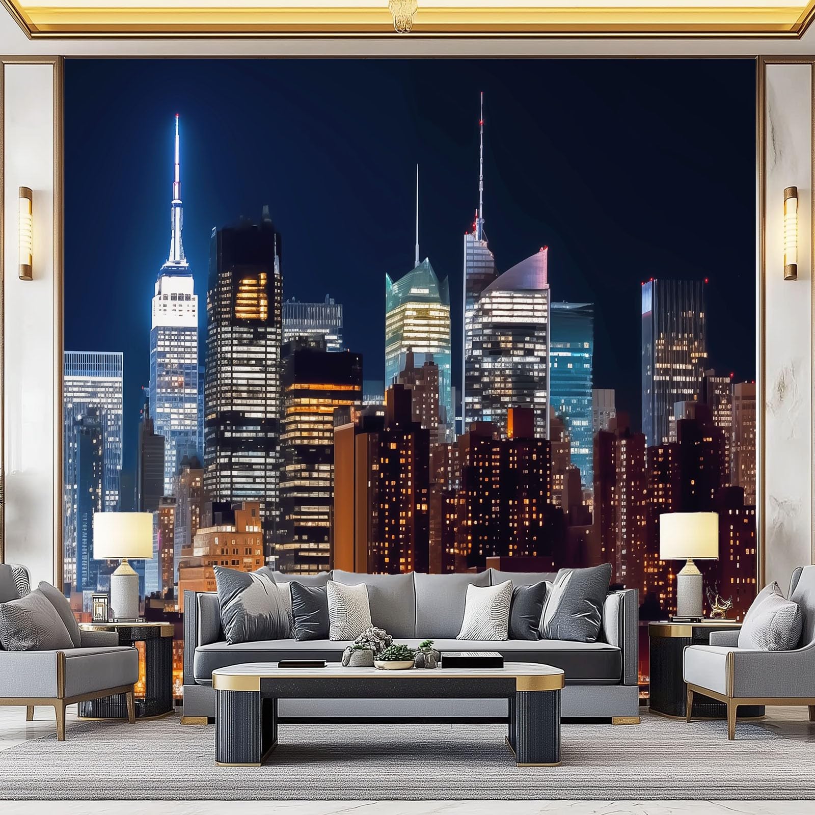 Panoramiczna tapeta, nowoczesna miasto noc architektura ścienna sztuka ścienna - czarna tapeta do salonu biura TV tło dekoracja 300 x 210 cm