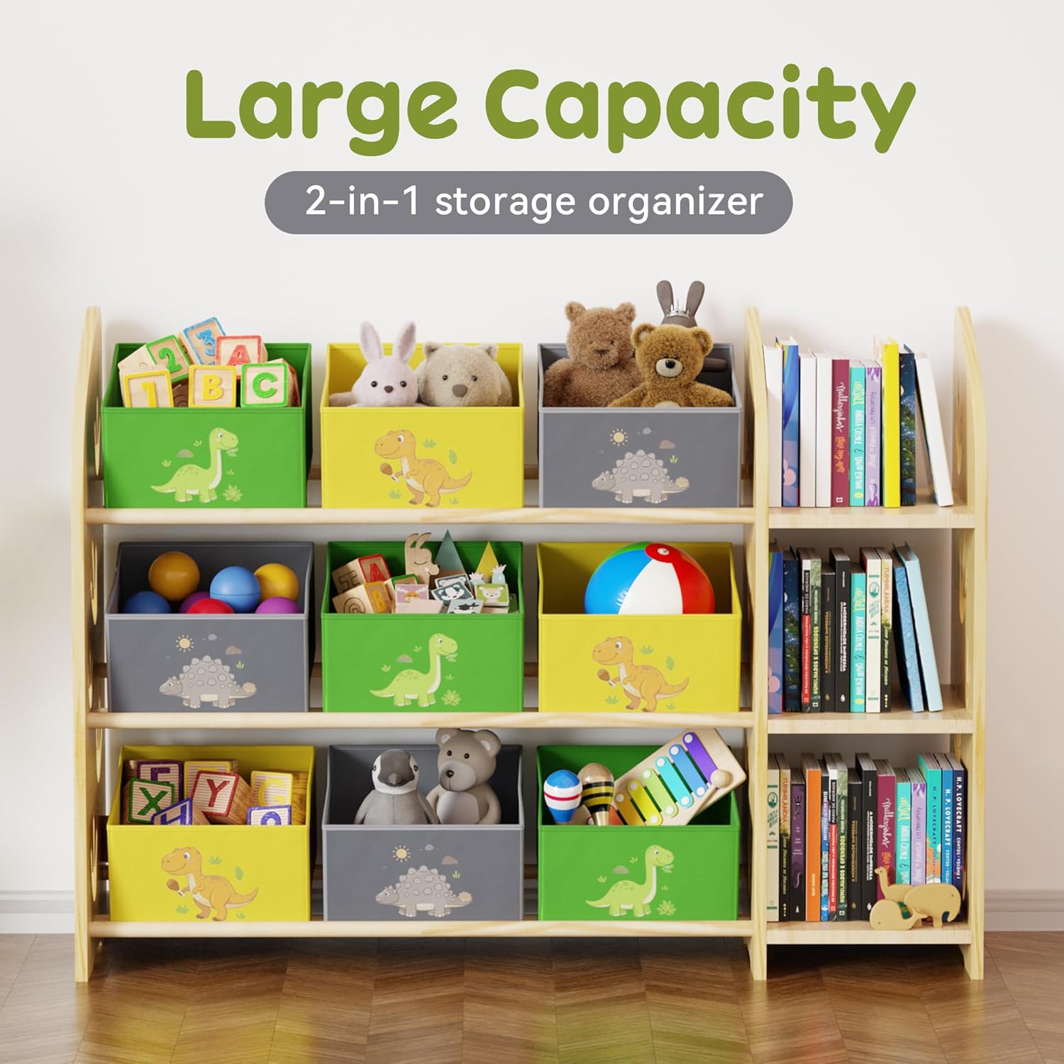 Toy Storage Organizer with 3 Shelves and 9 Bins, Green Dinosaur Bookshelfa nd Bookcase for Kids, Playroom Toy Bin Shelf for Bedroom & Room, 41.9" W