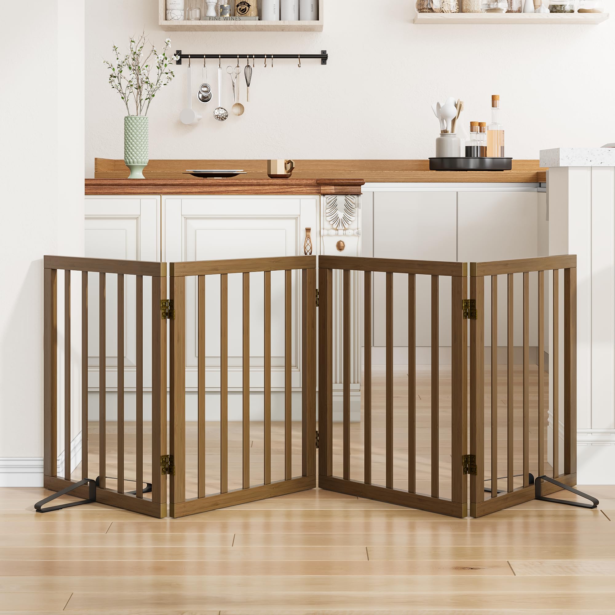 Freestanding Pet Gate Foldable Dog Gate,Walnut Bamboo Dog Gates for Stairs Doorways House Indoor (2 Support Feet Included) — view 11