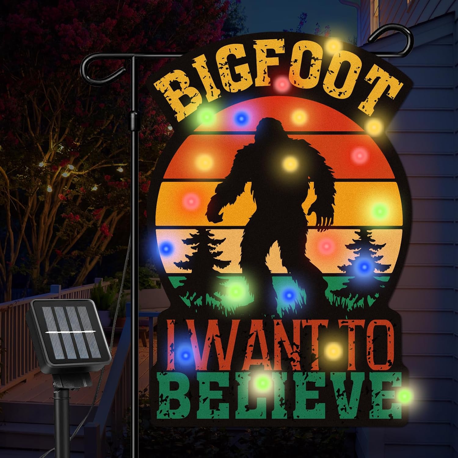 Solar Powered LED Bigfoot Garden Flag Double Side Outdoor Bigfoot I Want to Believe Yard Flag for Outdoor Patio Lawn Home Porch Decor