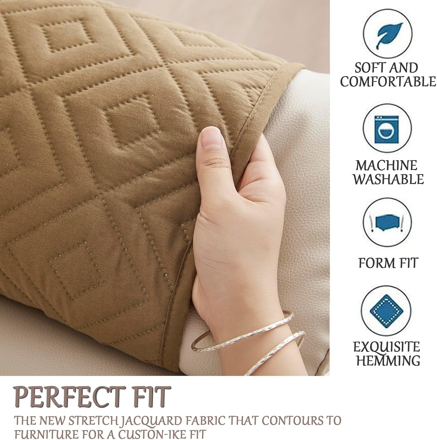 Sofa Armrest Cover, Headrest Cover for Recliner Chair Arm Cover, Armchair Slipcover with Pockets, Nonslip Quilted Furniture Protector for Pets Leather Sofa Couch (Khaki(Style B),3 Seater(5pcs))