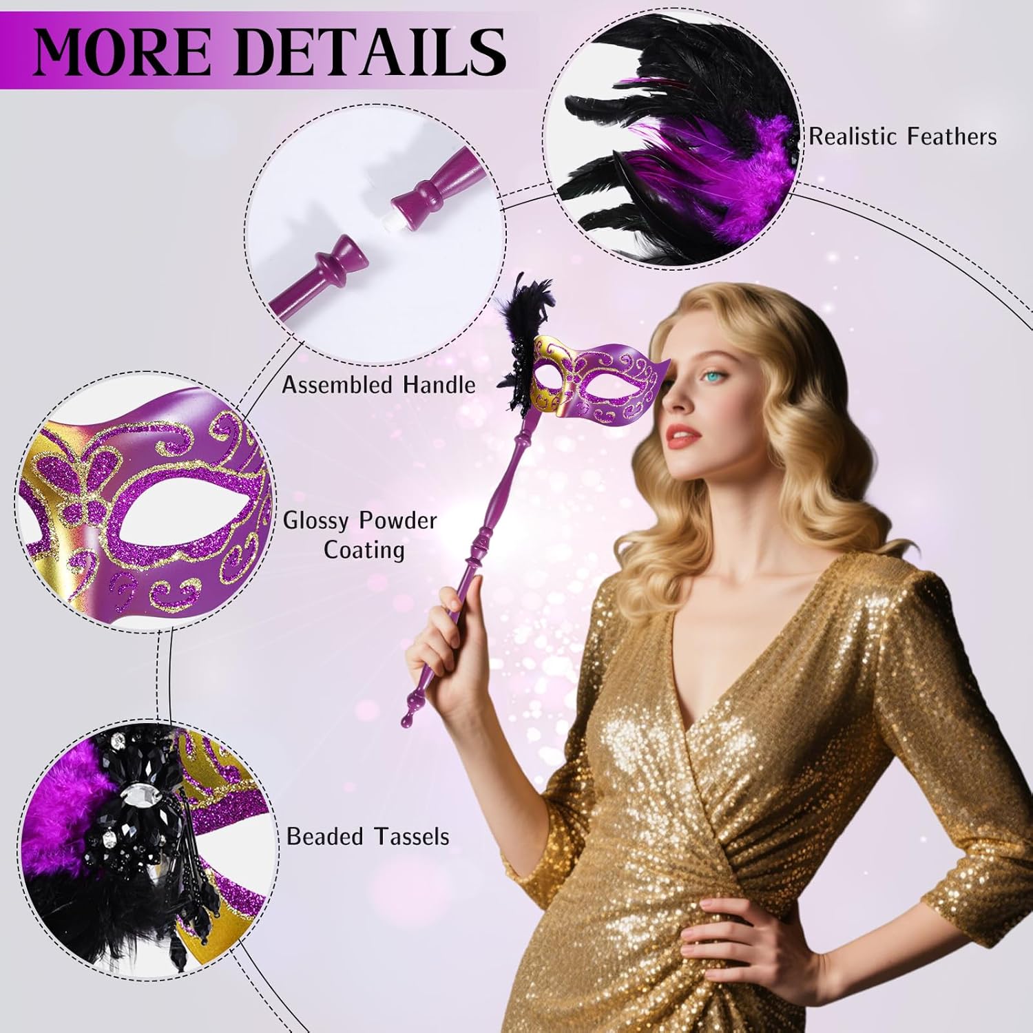 BEARAE Masquerade Mask for Women with Stick, Feather Venetian Masks, Costume Mask for Mardi Gras Gatsby Party Decoration - Image 3