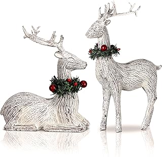 2 Pcs Christmas Reindeer Decoration Resin Reindeer Figurines for Christmas Tabletop Decor Vintage Statues Decorative Standing Sitting Deer Ornaments for Home Office Indoor Xmas Table Sign