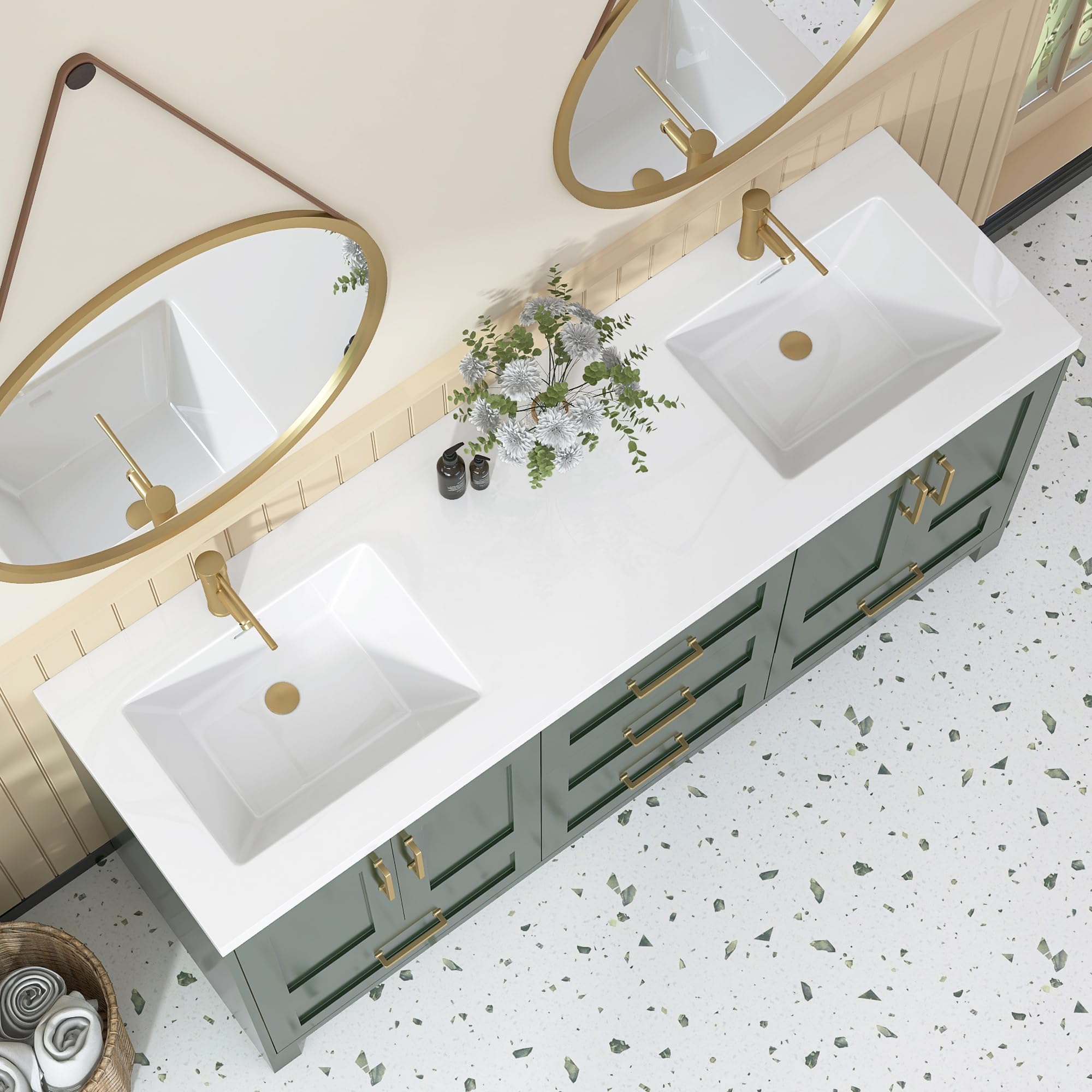 Photo 1 of 72 x 22 White Vanity Top with Sink Solid Surface Bathroom Vanity Sink Top with Double Sink Integrated Basin and Overflow in Glossy Pure White, Cabinet Not Included