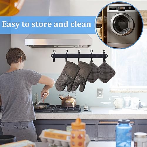 Miniatura 5 de 4 guantes de horno y soportes para ollas, guantes de horno de cocina resistentes al calor de 500 F con soportes para ollas, guantes largos para