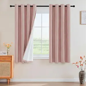 PrinceDeco Blackout Curtains Linen Blended 45 Inch Long Room Darkening Black Out Curtains for Living Room with Natural Slubs & Grayish (Not Solid) Thermal Insulated Grommet 2 Panels - Heathered Pink