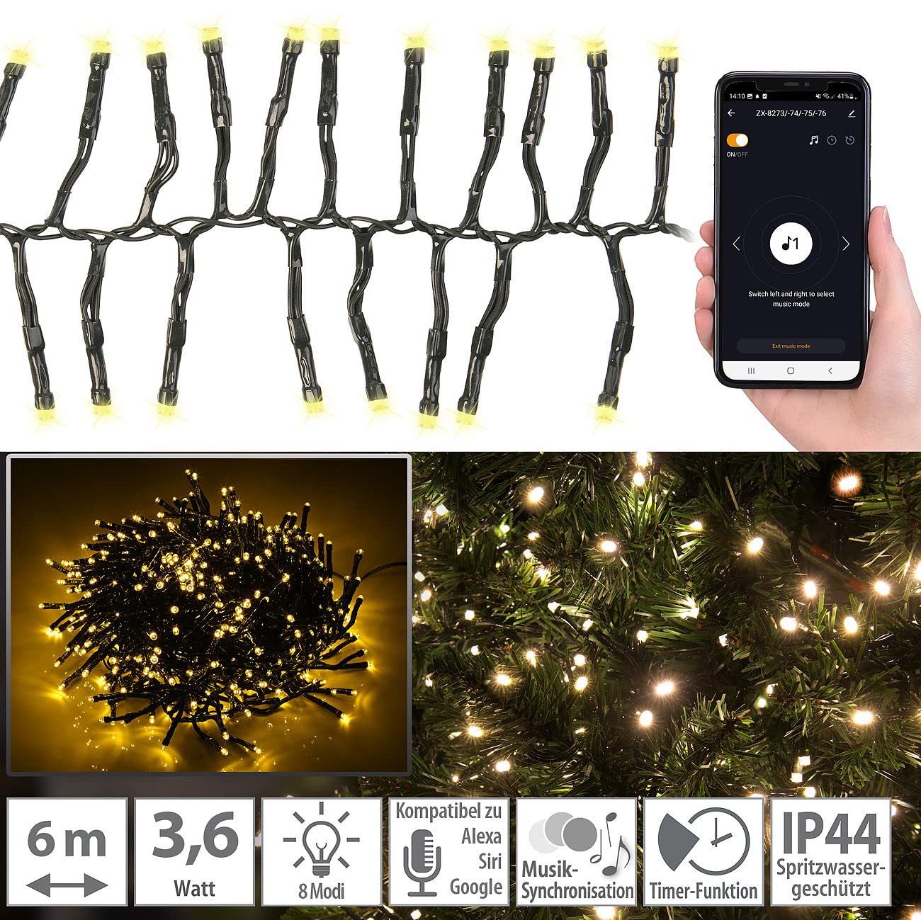 Lunartec Lichterkette Weihnachten: 2er-Set WLAN-LED-Büschel-Lichterketten, 600 LEDs, App, 12m, dunkelgrün (Büschel-Lichterkette aussen, App gesteuerte Lichterketten, Dimmer)