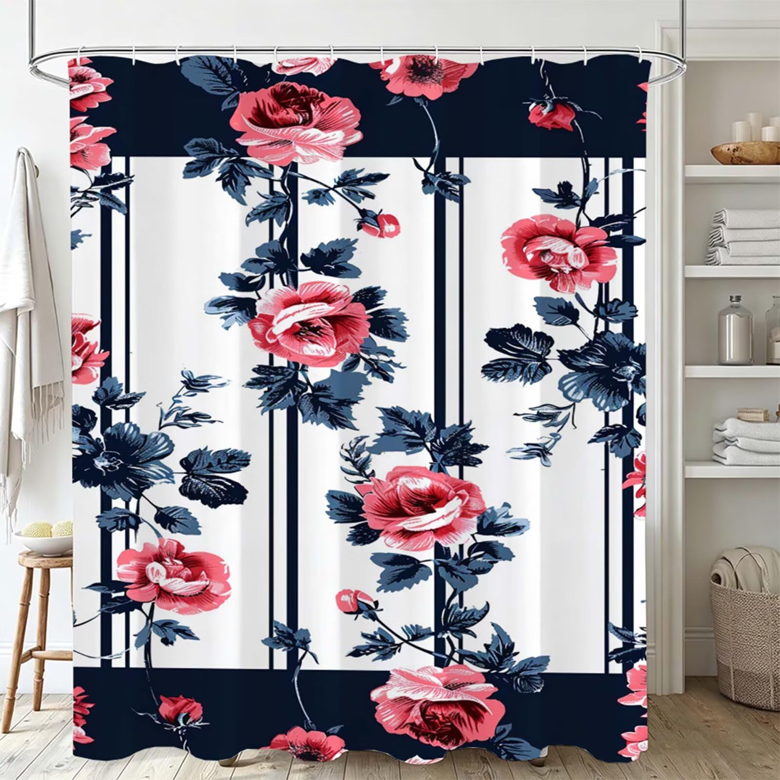 In bianco e nero Tenda Doccia 180x240cm, Tenda per Doccia Tessuto Poliestere Impermeabile Asciugatura Rapida con 12 Anelli, Tende Finestra Bagno e Vasca Pieghevole Shower Curtain Retro J-590