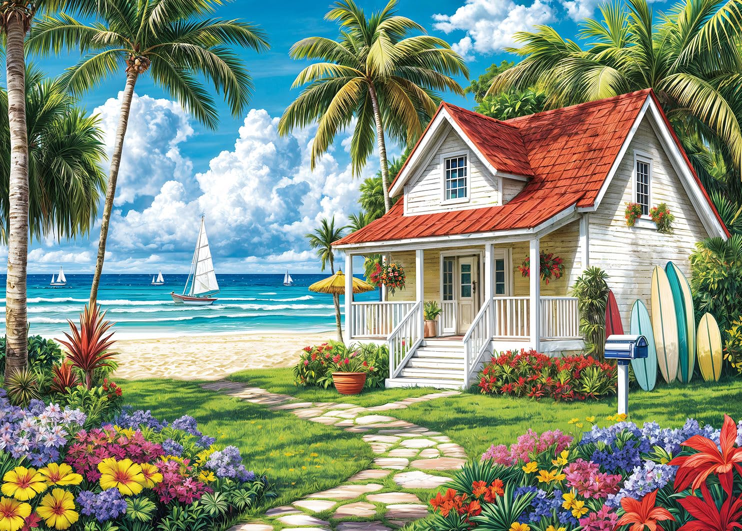 Puzzles 1000 Pieces for Adults jigsaw puzzles for adults-Beach House Fun Surfing-1000 Piece Puzzle Classic Educational Games Beautiful Decoration Puzzle