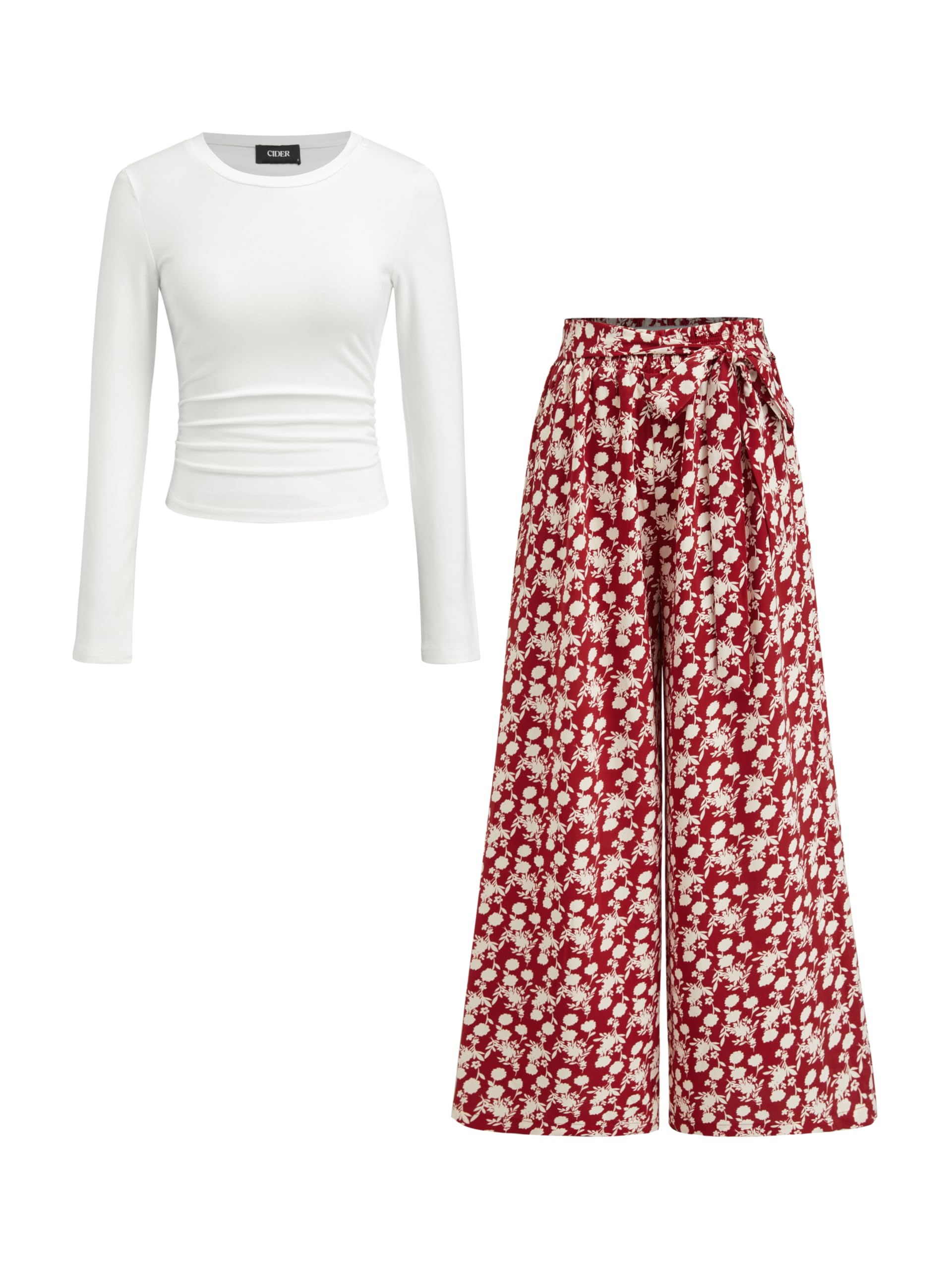 CIDER Womens Floral Print Wide Leg Palazzo Pants Elastic High Waist Trousers with Long Sleeve Fit Top