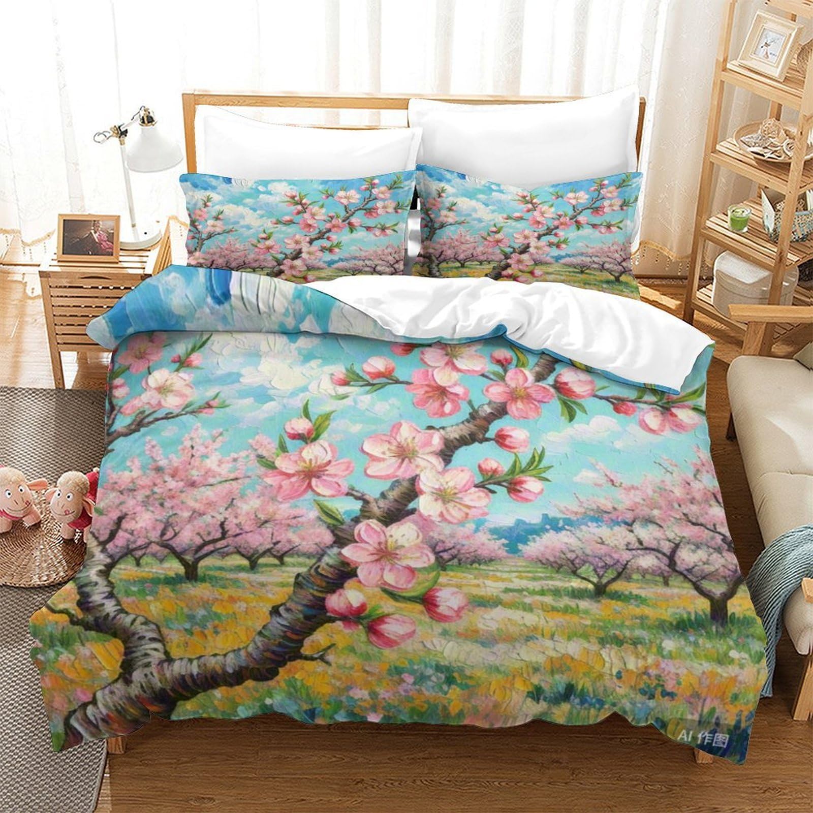 Housse de couette fleur de pêche 260x220cm en microfibre douce avec taies