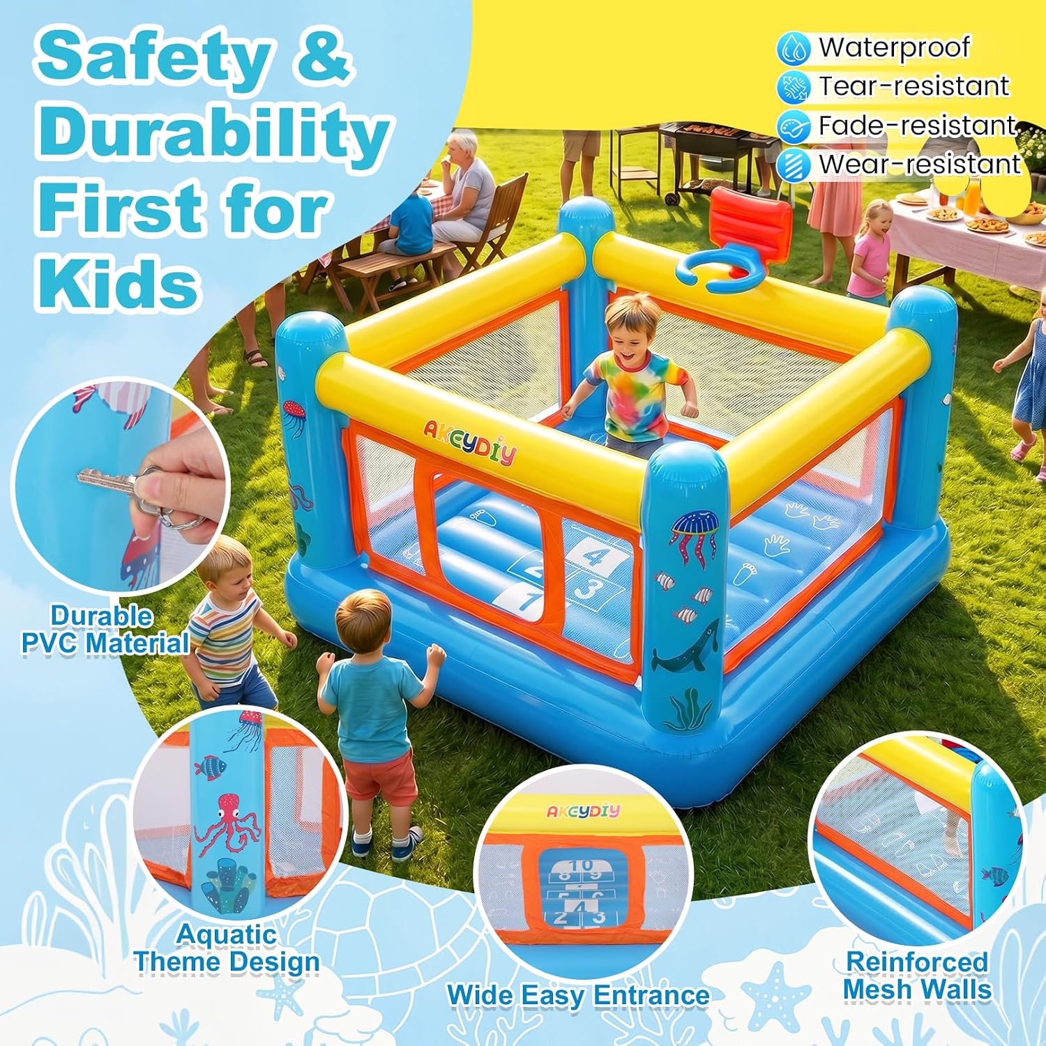 AKEYDIY Bounce House for Kids 3-6, Toddler Inflatable Bouncy Castle with Basketball Hoop & Pump, Indoor Outdoor Inflatable Bounce House