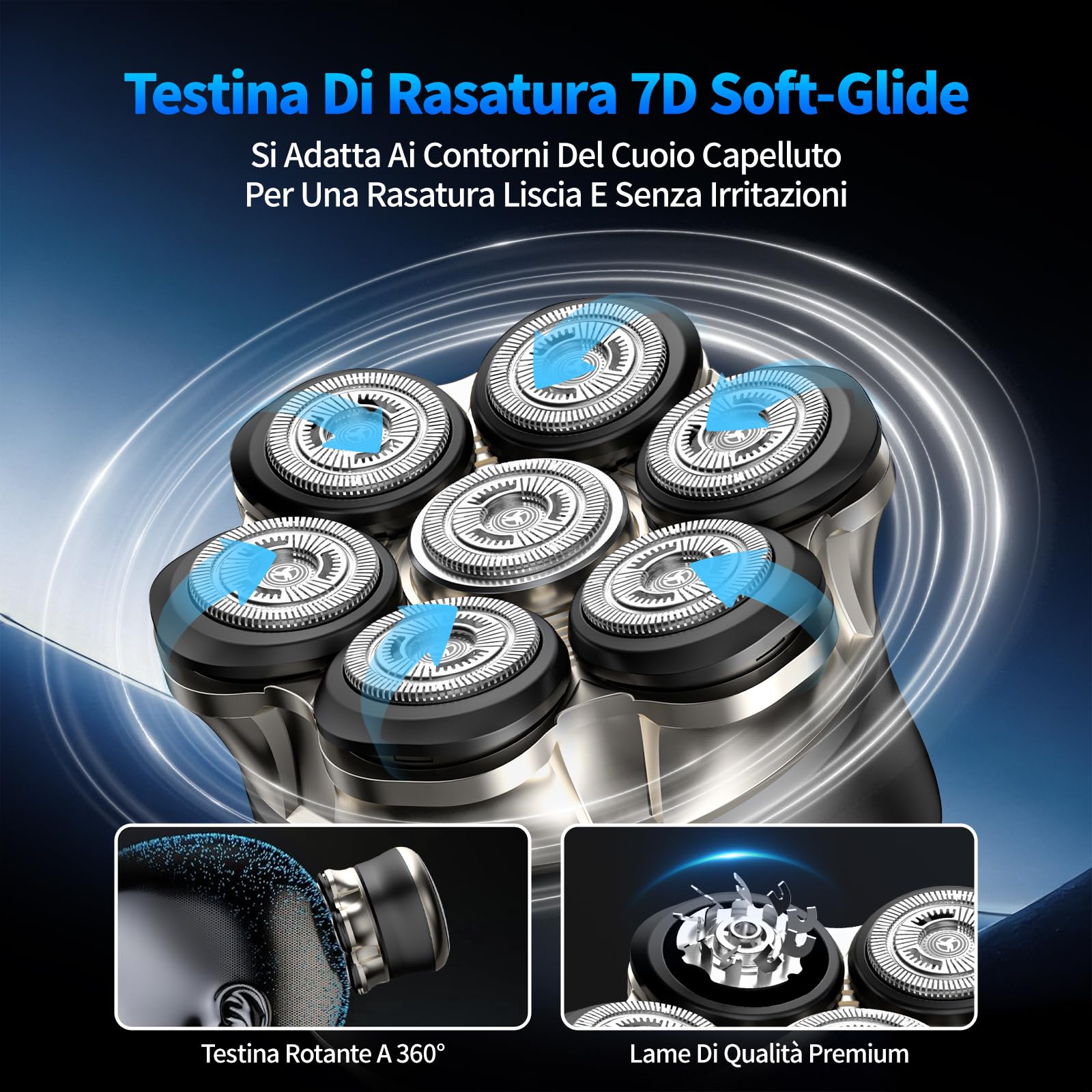Rasoio Testa Uomo 7D, Rasoio Elettrico Calvo con Testina Magnetica, IPX6 Impermeabile, Ricarica Rapida Type-C, Display LED e Batteria 1200 mAh, Facile da Pulire