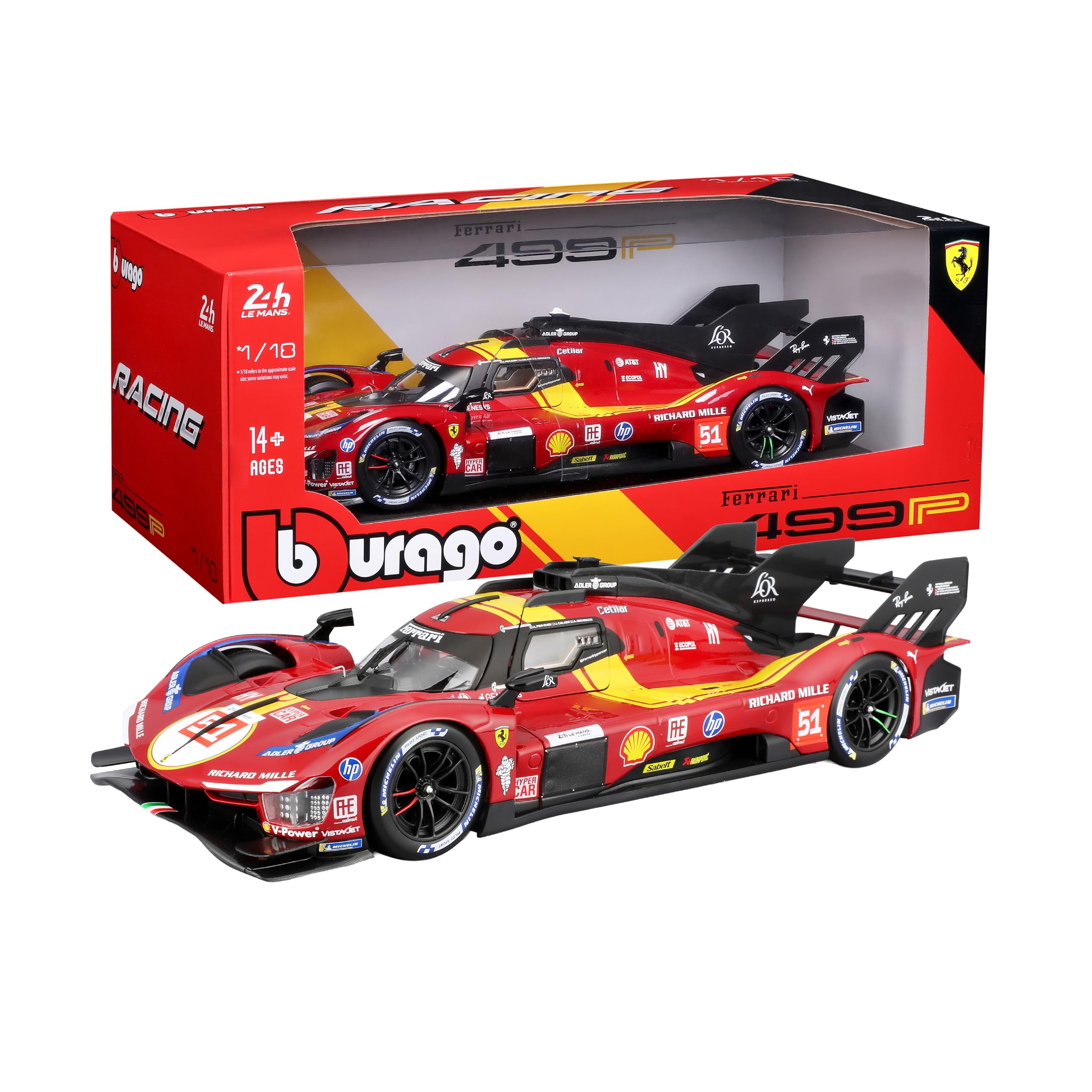 Bburago - Ferrari 499P 24H LMH Hypercar 2025#51, 1:18 Scale Diecast Car, Detailed Replica with Opening Doors, Official Ferrari Livery, Recommended Age 14+ Years