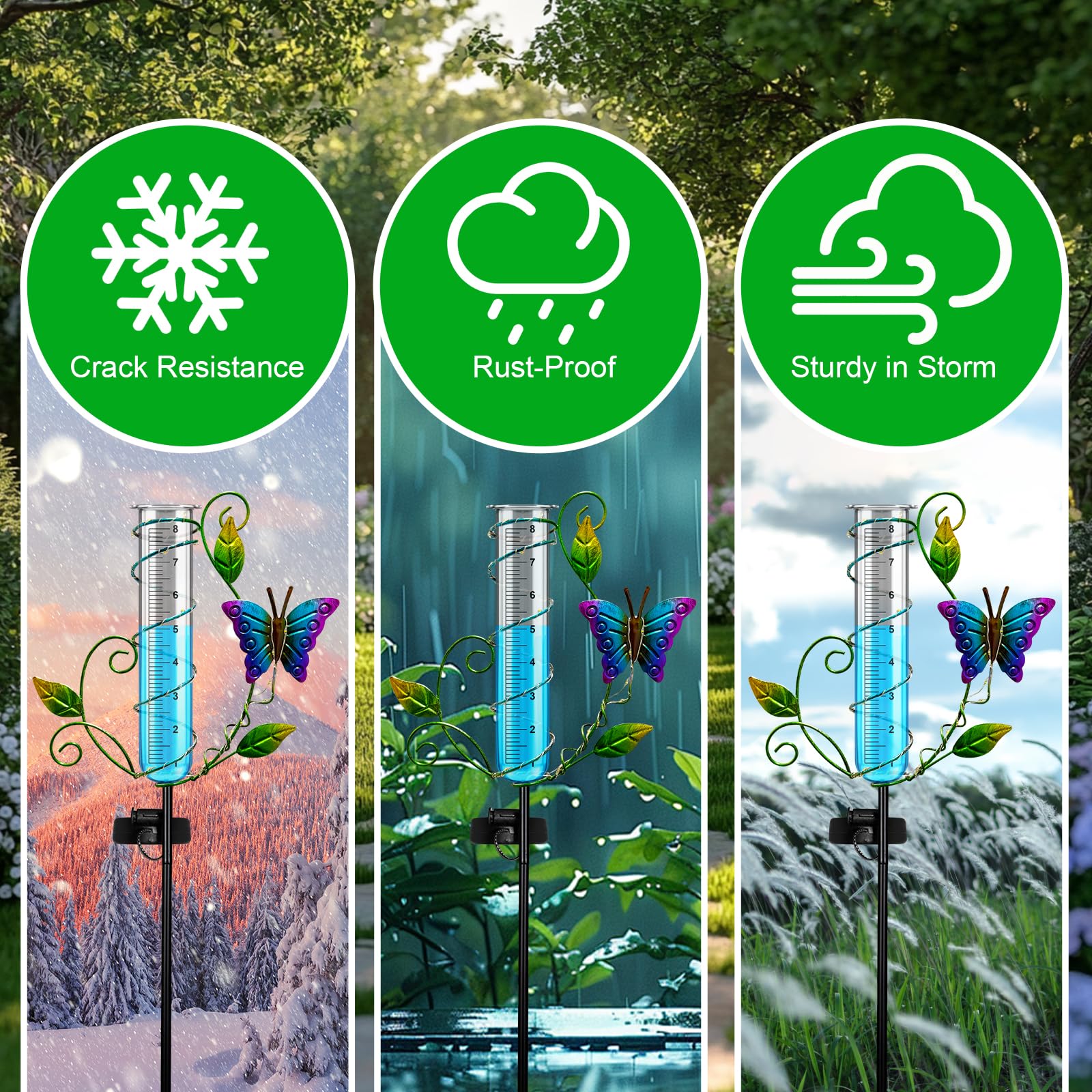 Schmetterlings-Regenmesser für den Außenbereich – kabelloser Solar-Regenmesser mit 20,3 cm Kapazität, Glas-Ersatzrohr, bestbewertet, Metall, dekorative Gartenstecker mit LED-Lichtern für Hof