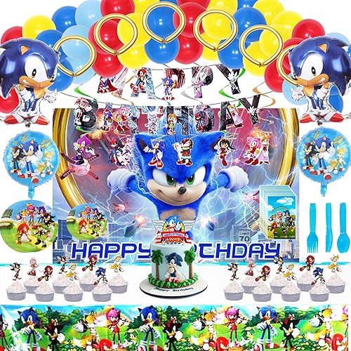 NA Los suministros de fiesta de cumpleaños Sonic incluyen telón de fondo pancarta de feliz cumpleaños mantel adornos para pasteles globos de